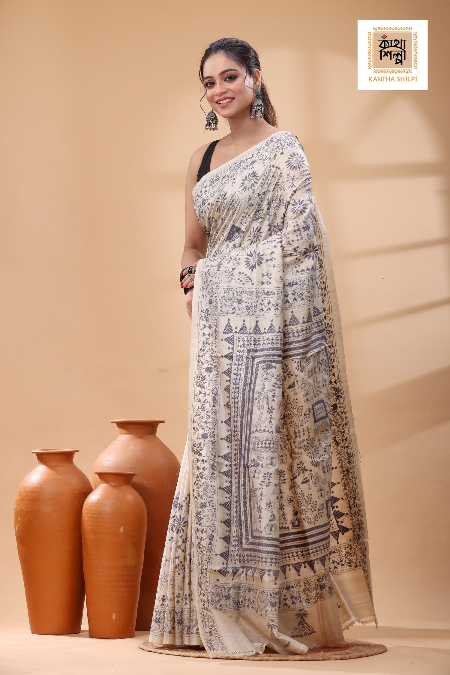 Pure Gachi Tussar Gray Color Thread Work Kantha Stitch Saree