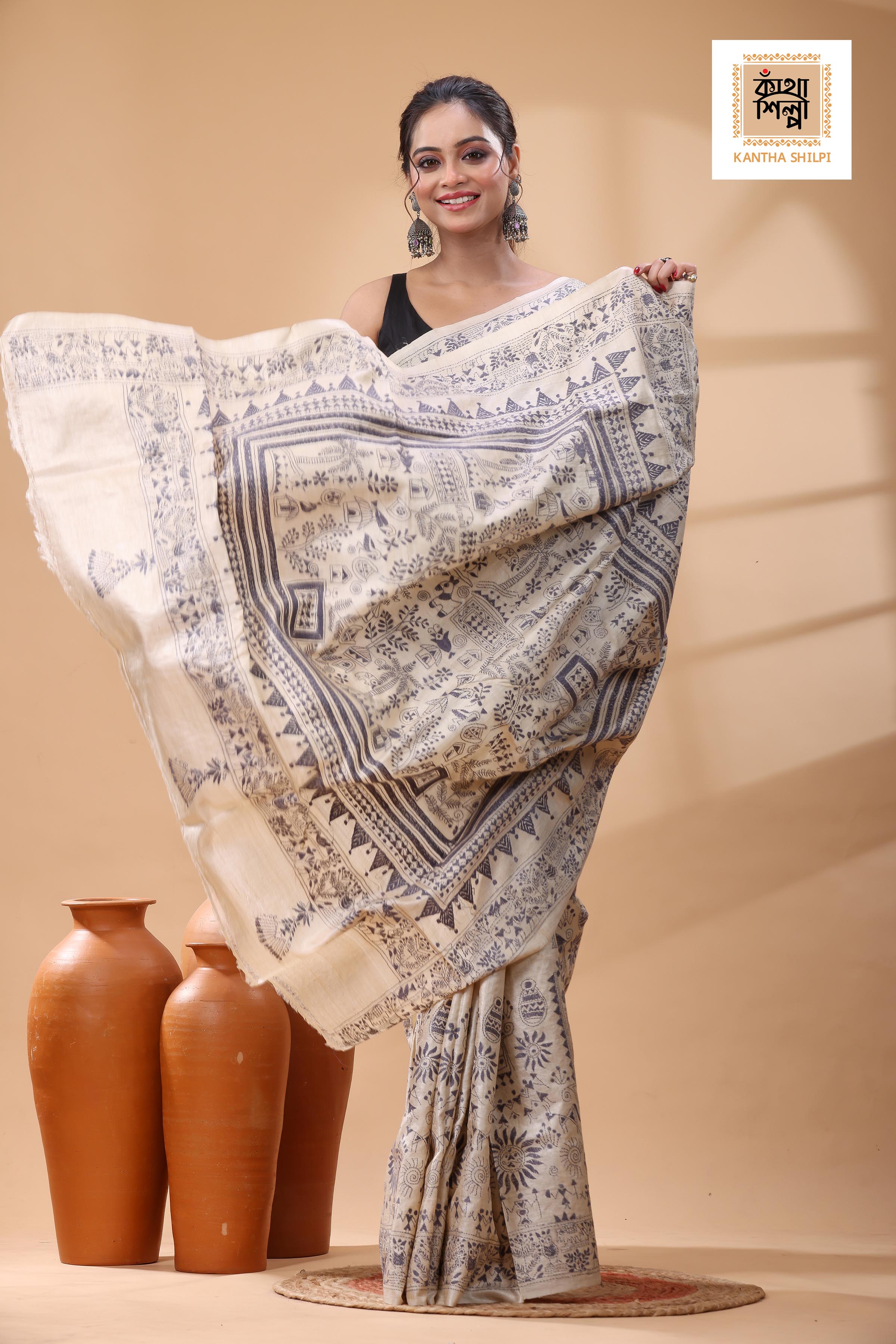 Pure Gachi Tussar Gray Color Thread Work Kantha Stitch Saree
