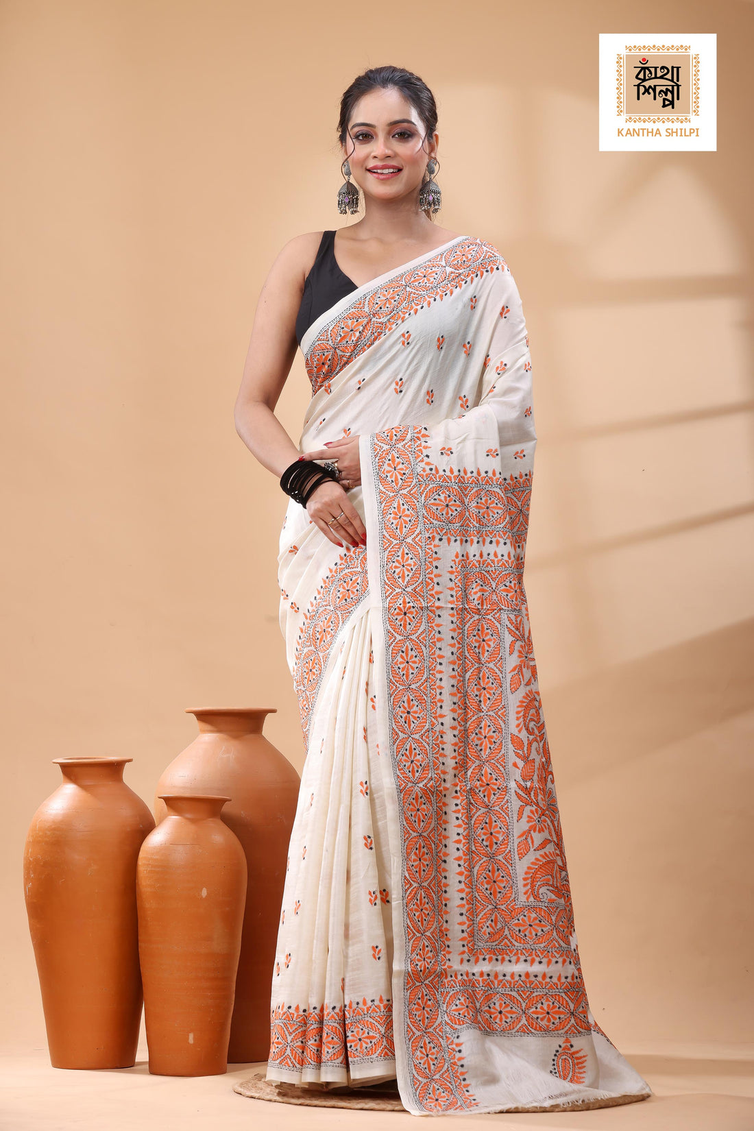 Pure Tussar Orange Color Thread Work Kantha Stitch Saree