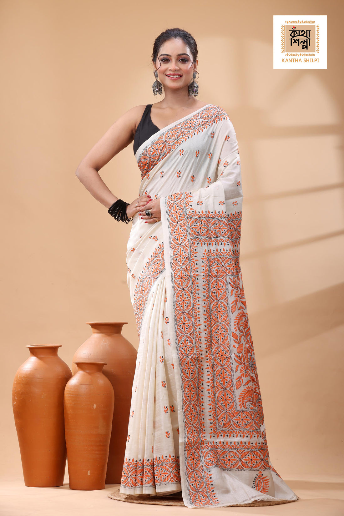 Pure Tussar Orange Color Thread Work Kantha Stitch Saree