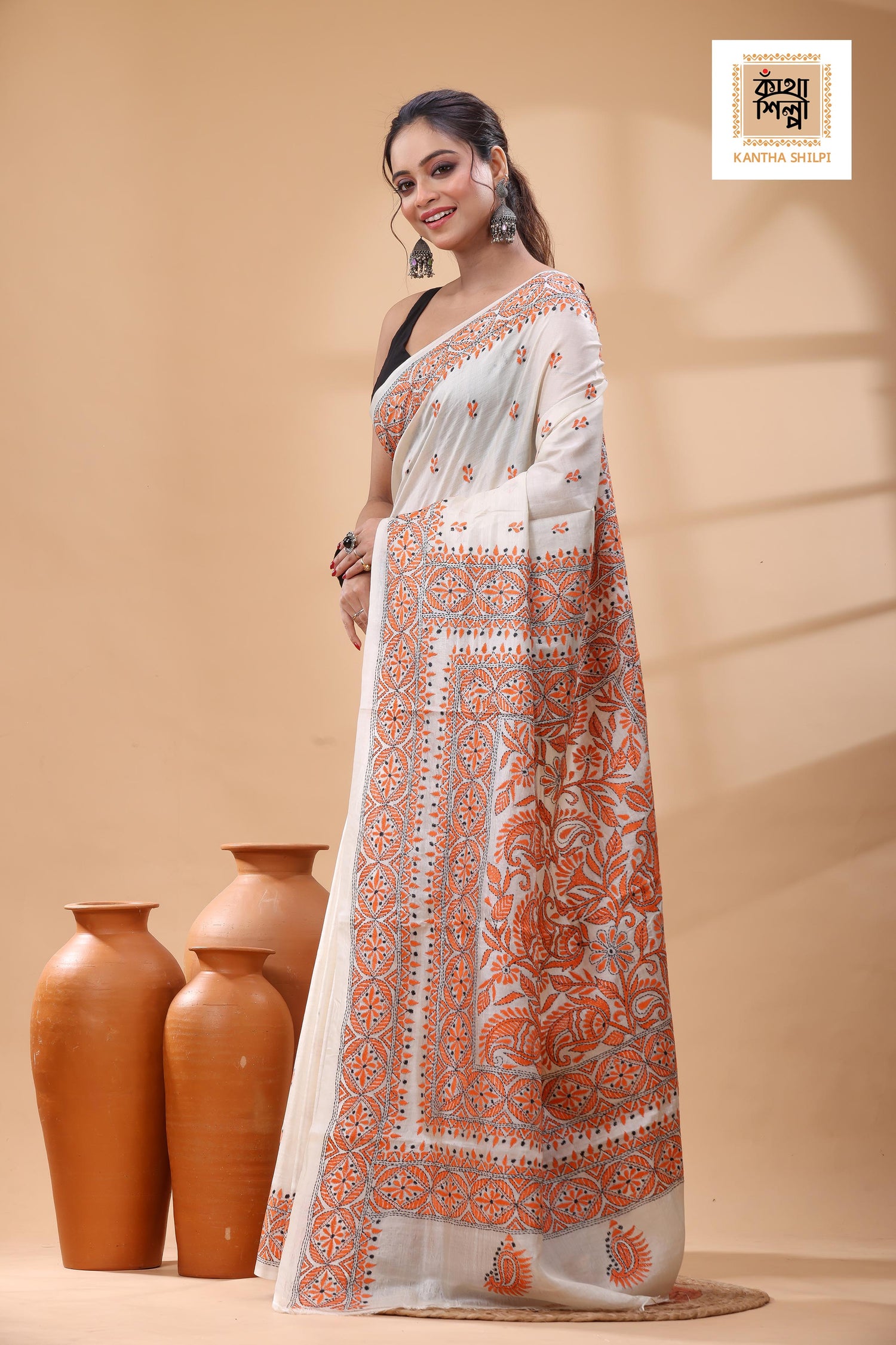 Pure Tussar Orange Color Thread Work Kantha Stitch Saree