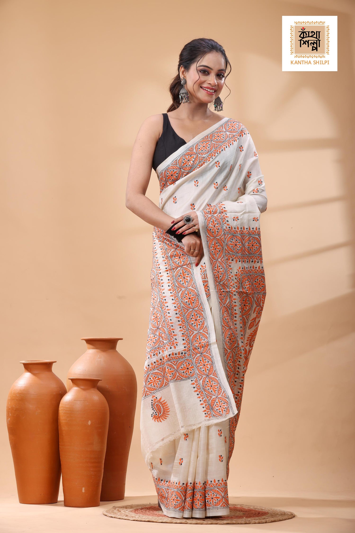 Pure Tussar Orange Color Thread Work Kantha Stitch Saree