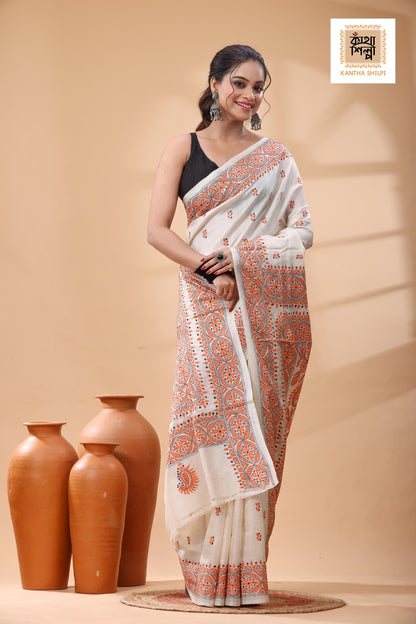 Pure Tussar Orange Color Thread Work Kantha Stitch Saree