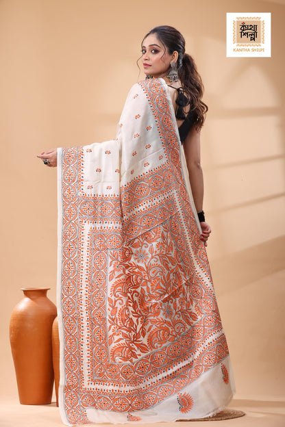 Pure Tussar Orange Color Thread Work Kantha Stitch Saree