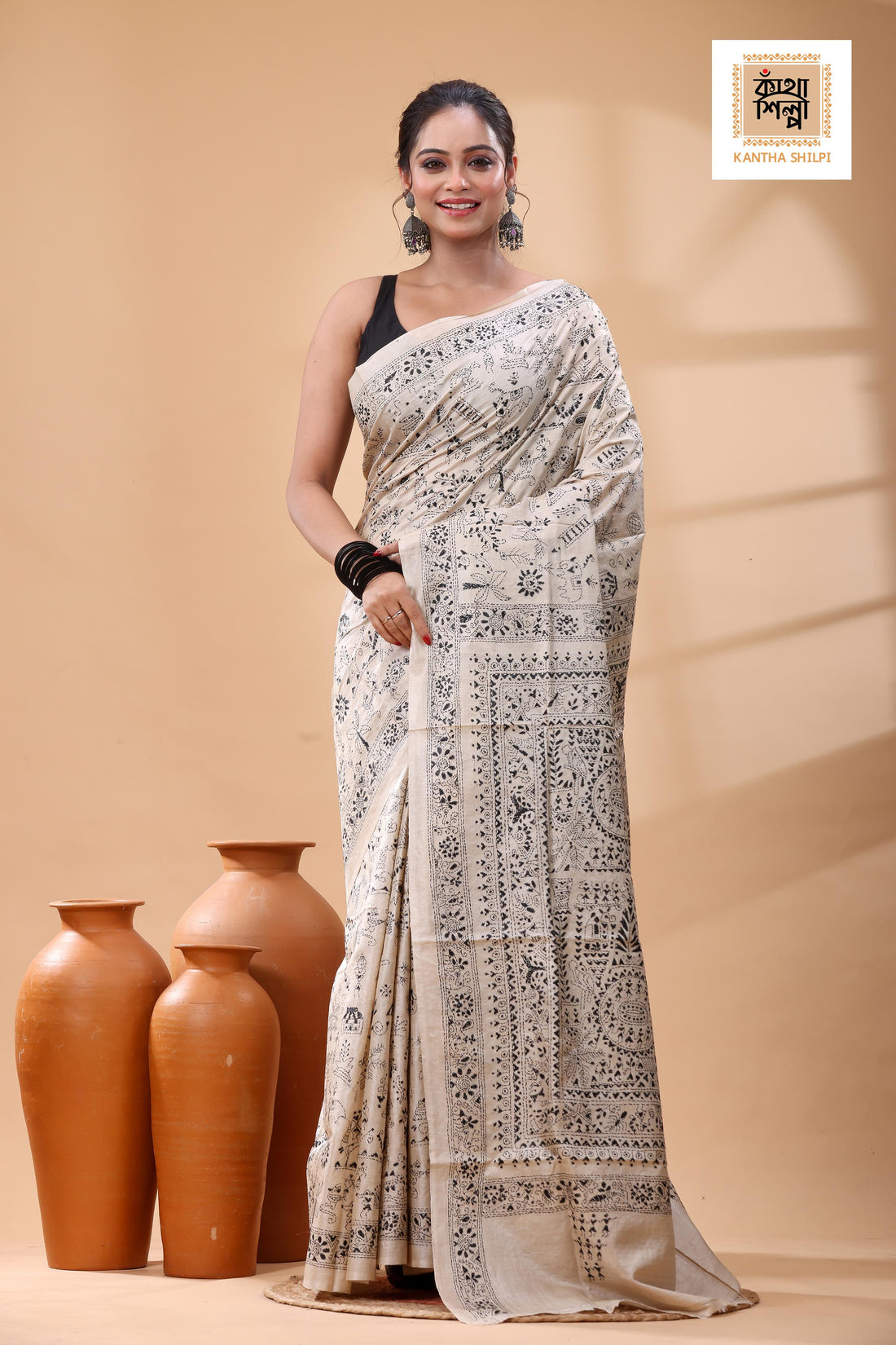 Pure Gachi Tussar Black Color Thread Work Kantha Stitch Saree