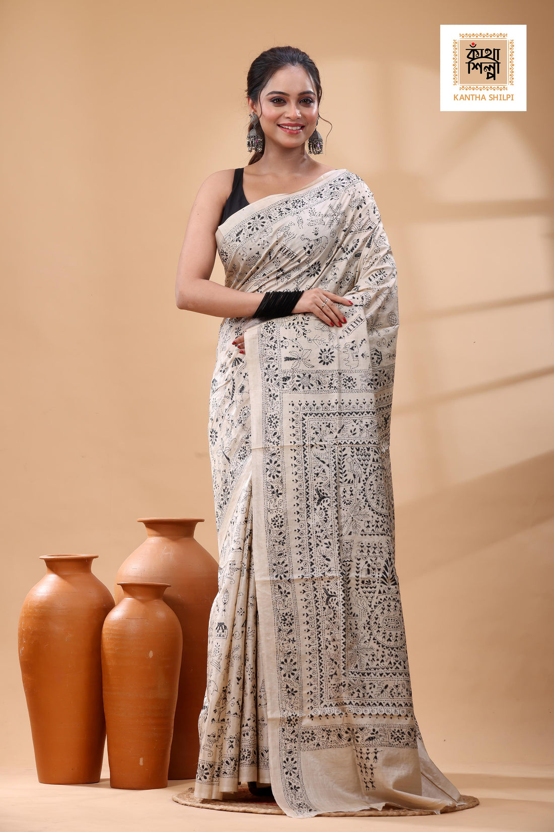 Pure Gachi Tussar Black Color Thread Work Kantha Stitch Saree
