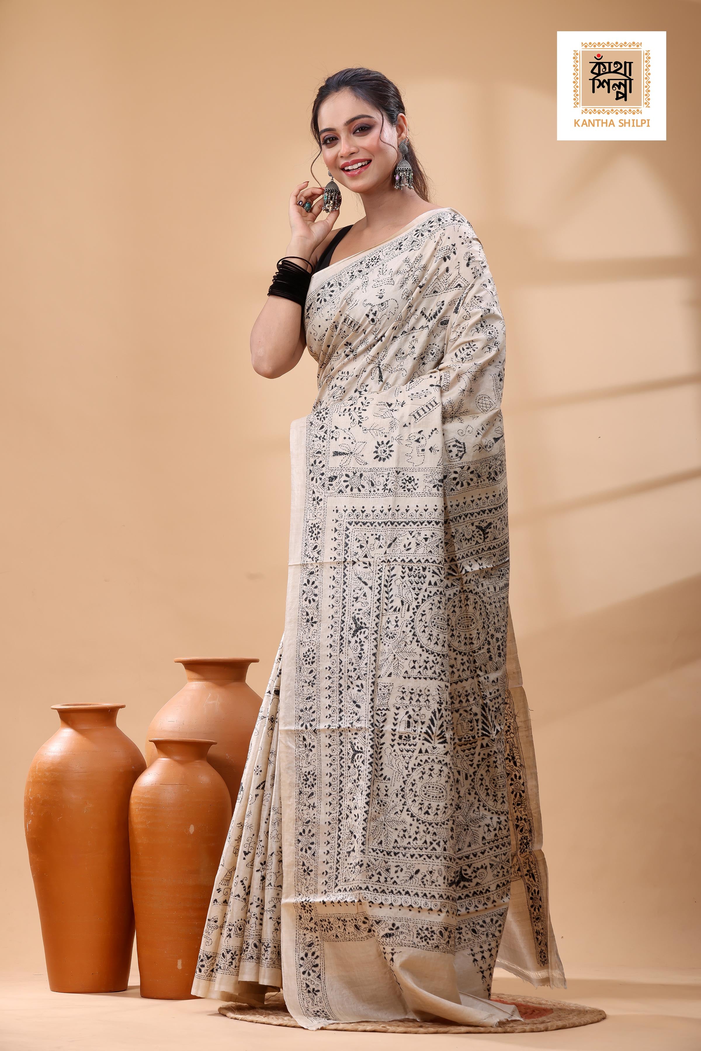 Pure Gachi Tussar Black Color Thread Work Kantha Stitch Saree