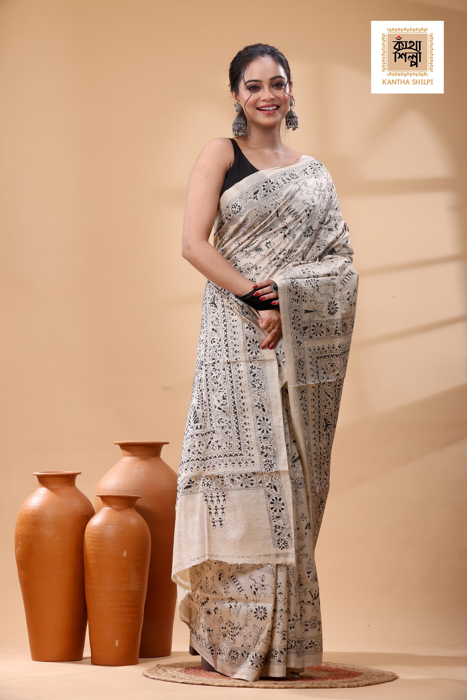 Pure Gachi Tussar Black Color Thread Work Kantha Stitch Saree