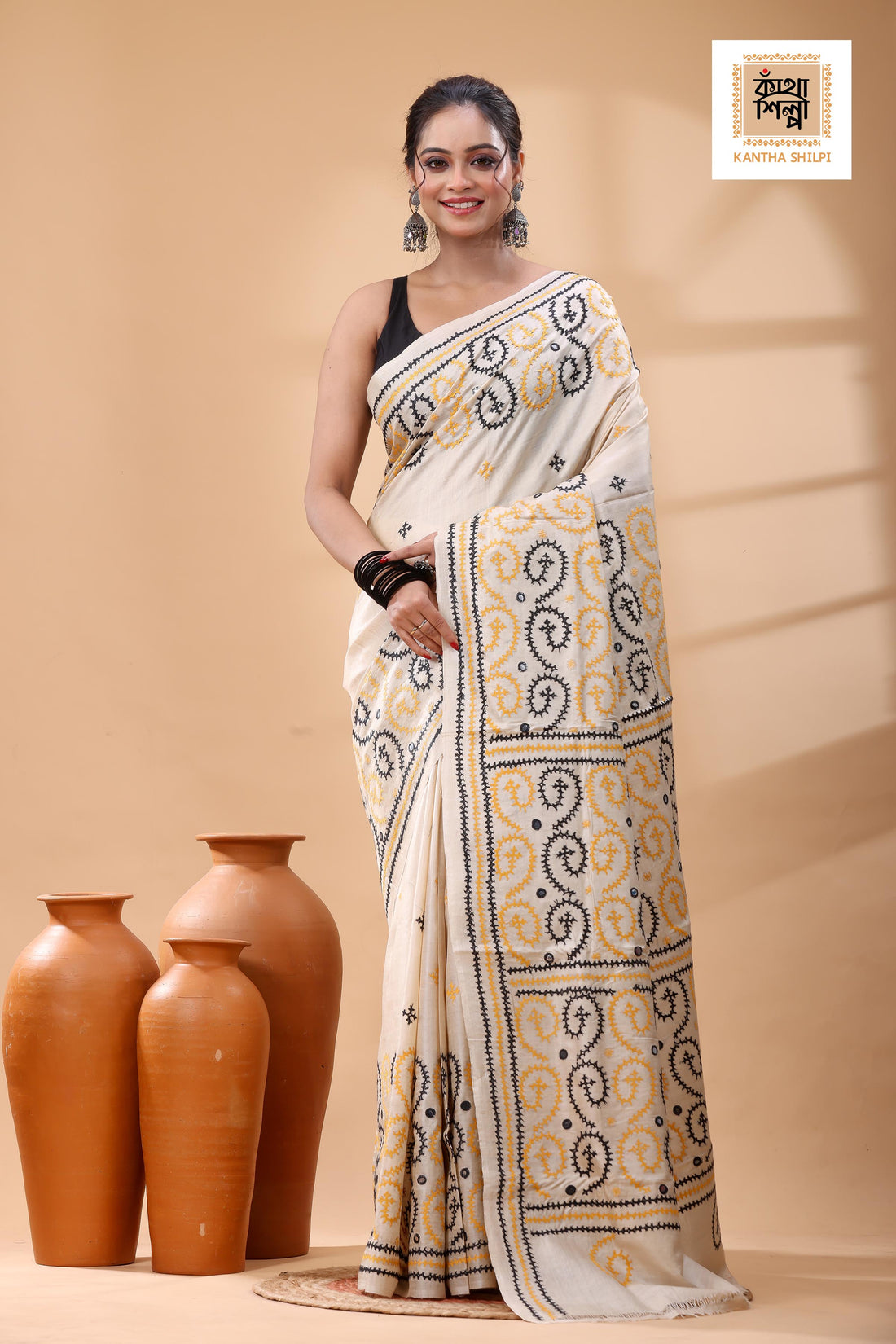 Pure Gachi Tussar with Yellow Black Thread Work Gujrati Stitch Saree