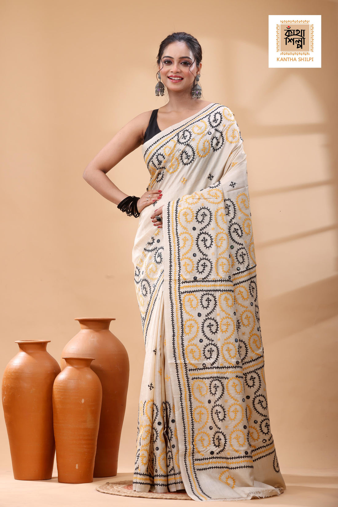 Pure Gachi Tussar with Yellow Black Thread Work Gujrati Stitch Saree