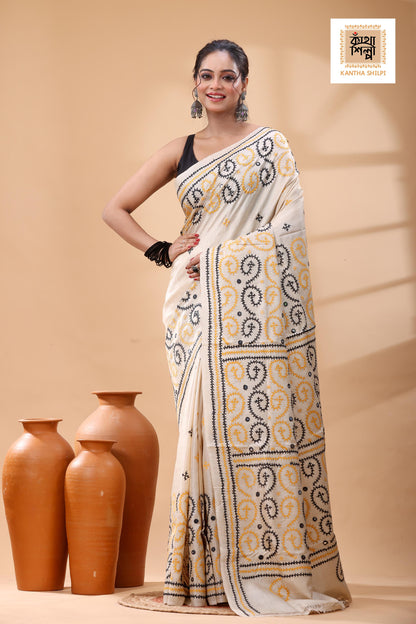 Pure Gachi Tussar with Yellow Black Thread Work Gujrati Stitch Saree