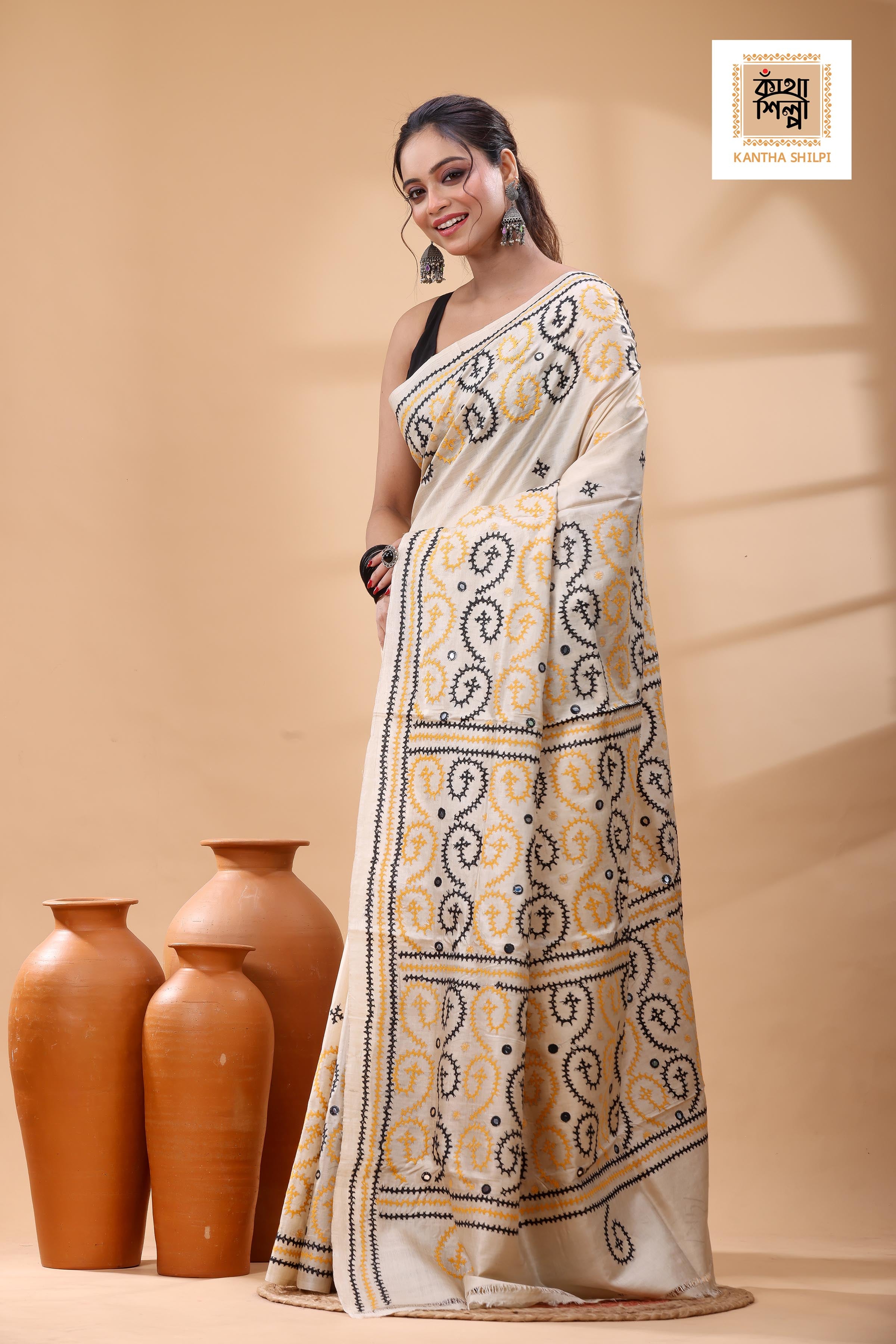 Pure Gachi Tussar with Yellow Black Thread Work Gujrati Stitch Saree