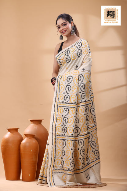 Pure Gachi Tussar with Yellow Black Thread Work Gujrati Stitch Saree
