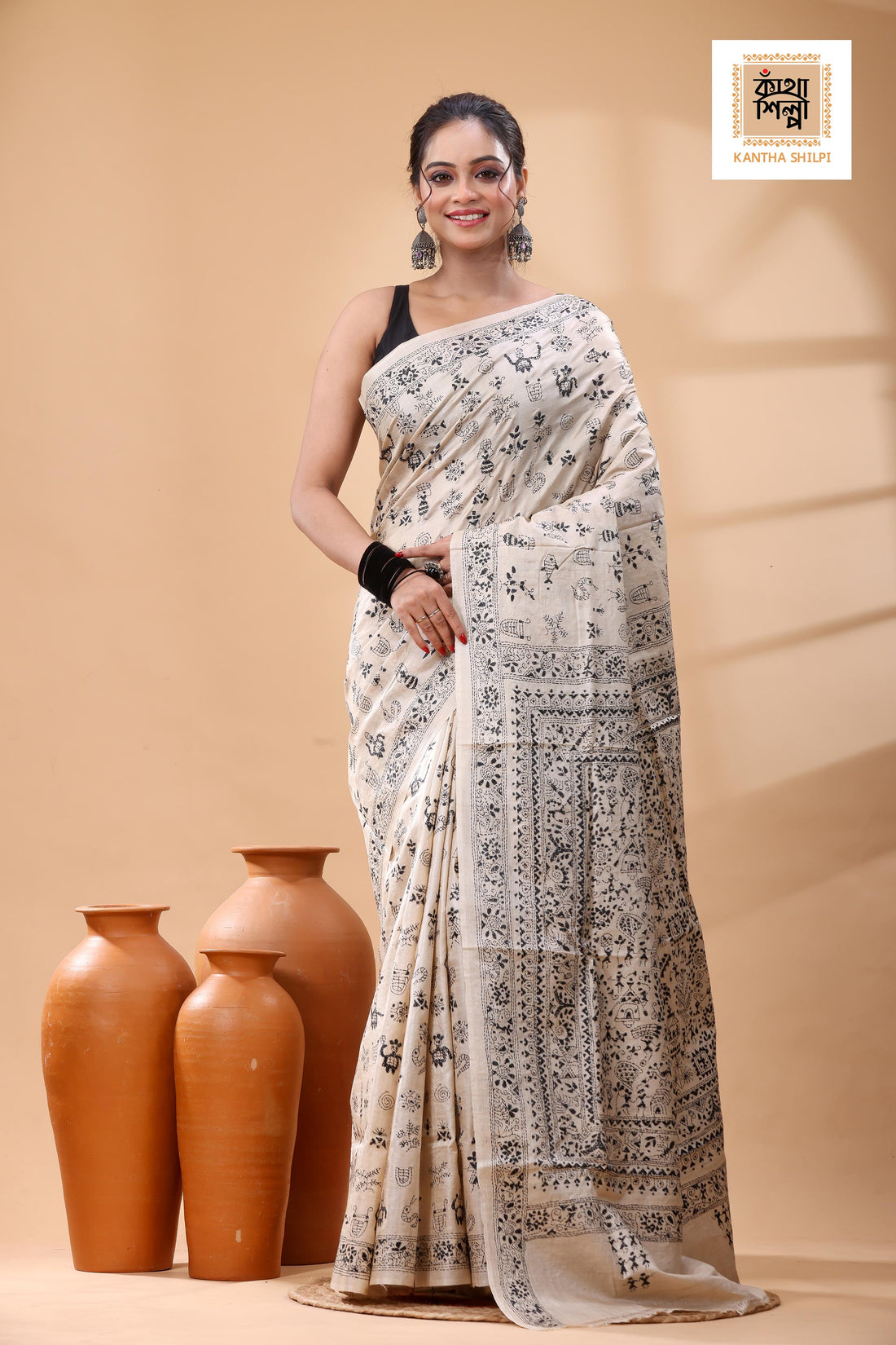 Pure Gachi Tussar Black Color Thread Work Kantha Stitch Saree