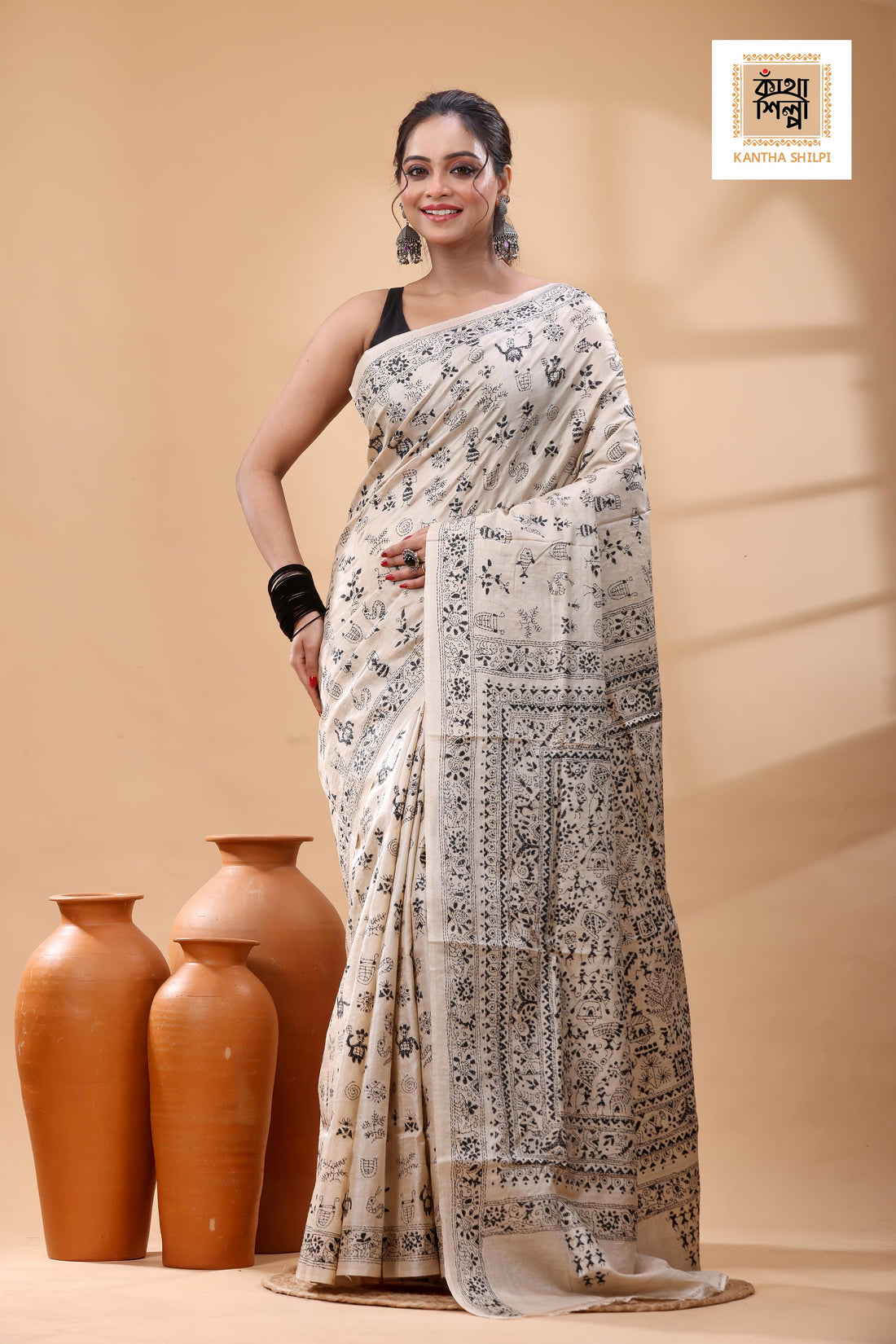 Pure Gachi Tussar Black Color Thread Work Kantha Stitch Saree