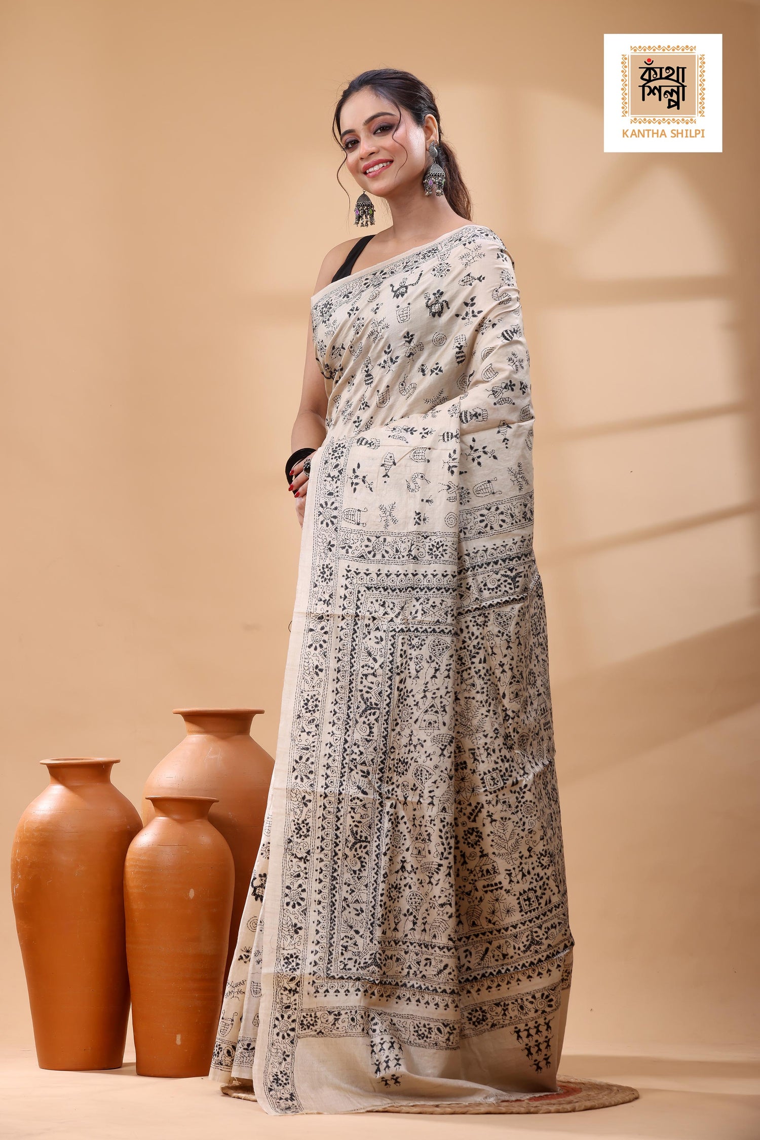Pure Gachi Tussar Black Color Thread Work Kantha Stitch Saree