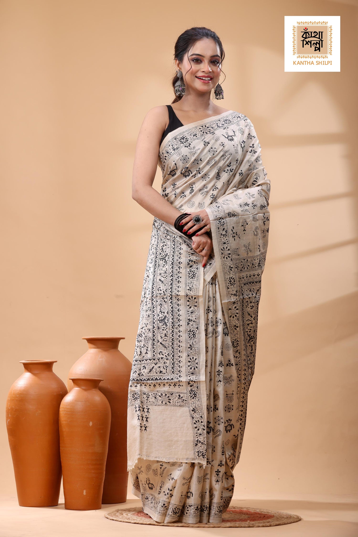 Pure Gachi Tussar Black Color Thread Work Kantha Stitch Saree