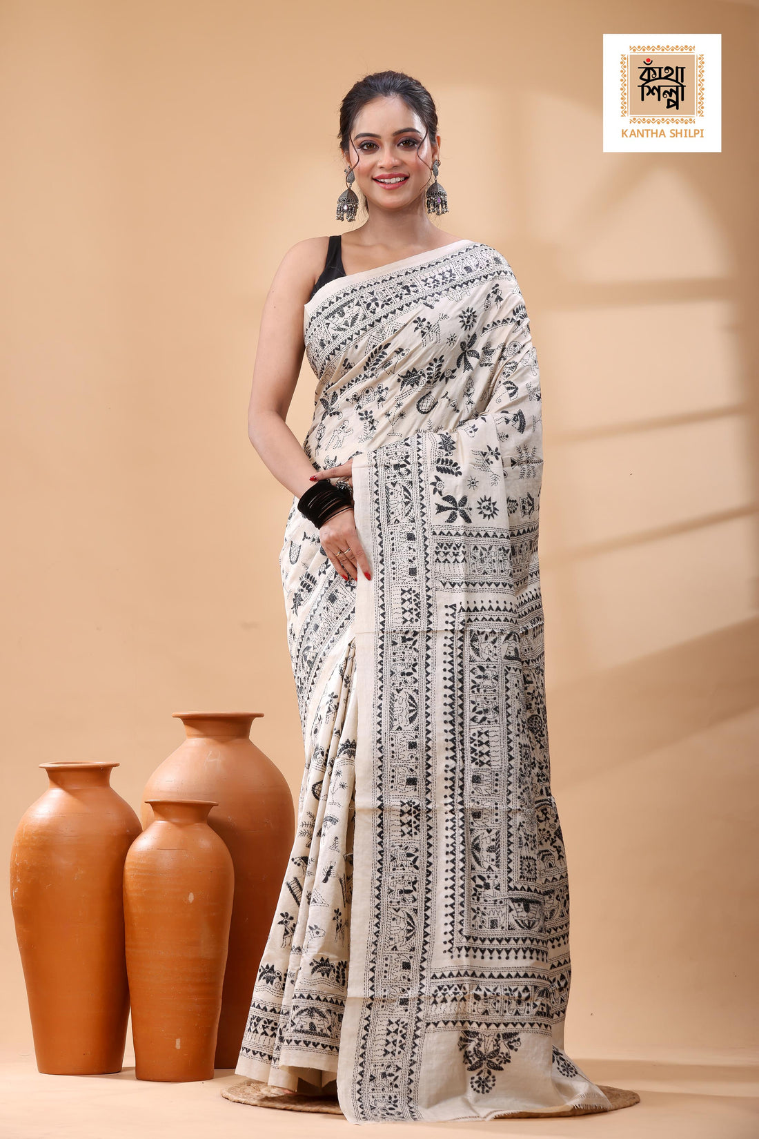 Pure Gachi Tussar Black  Color Thread Work Kantha Stitch Saree
