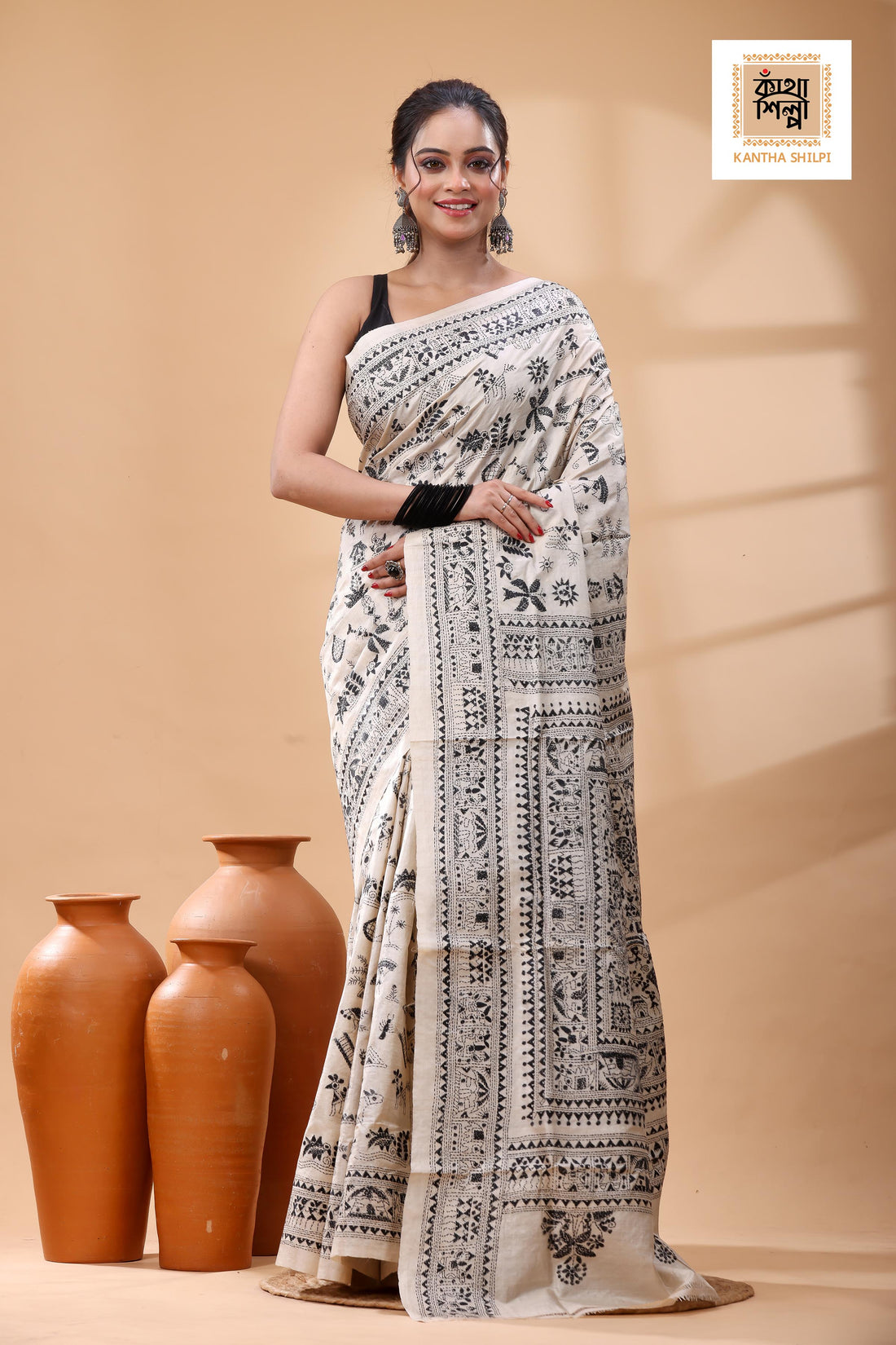 Pure Gachi Tussar Black  Color Thread Work Kantha Stitch Saree