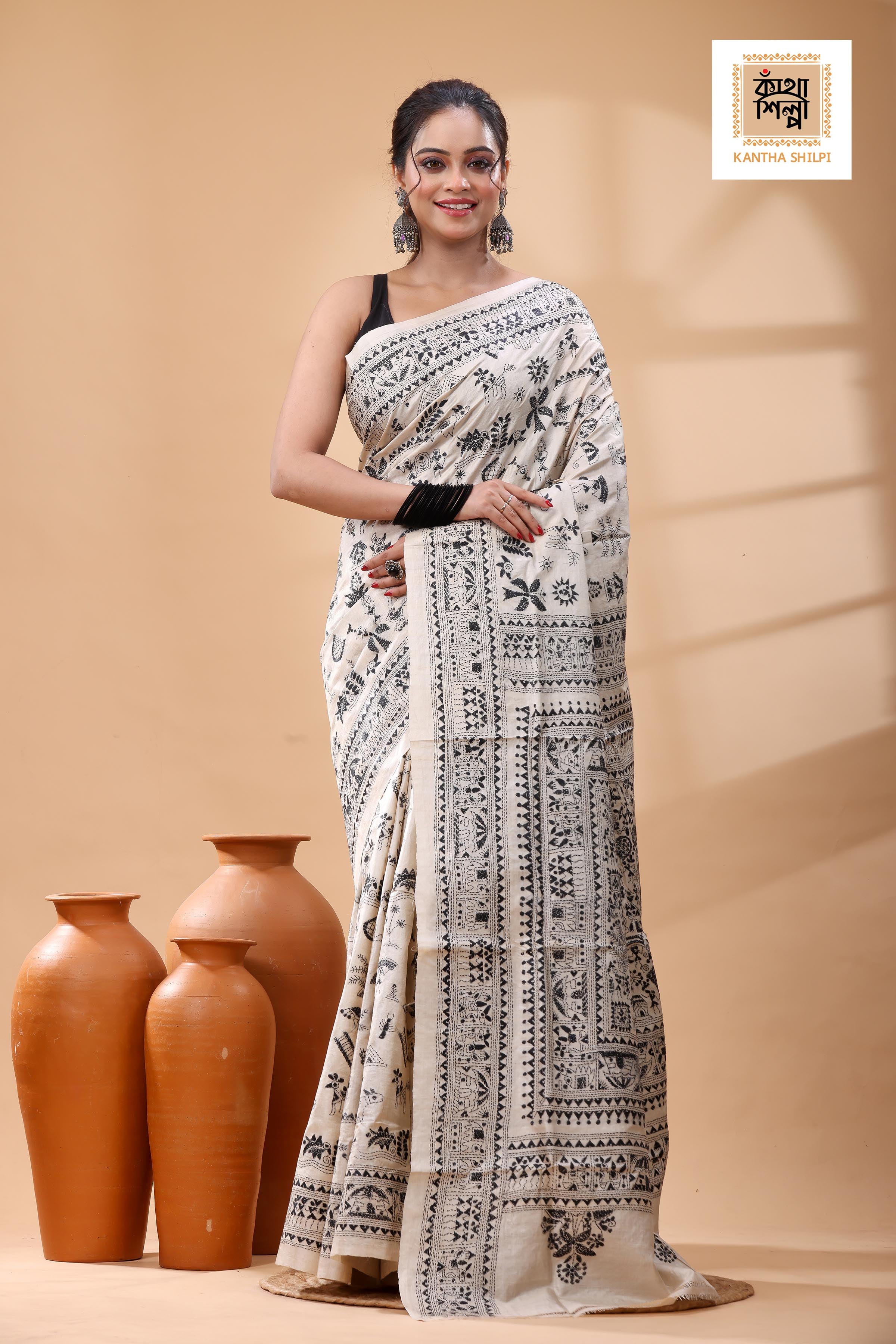 Pure Gachi Tussar Black  Color Thread Work Kantha Stitch Saree