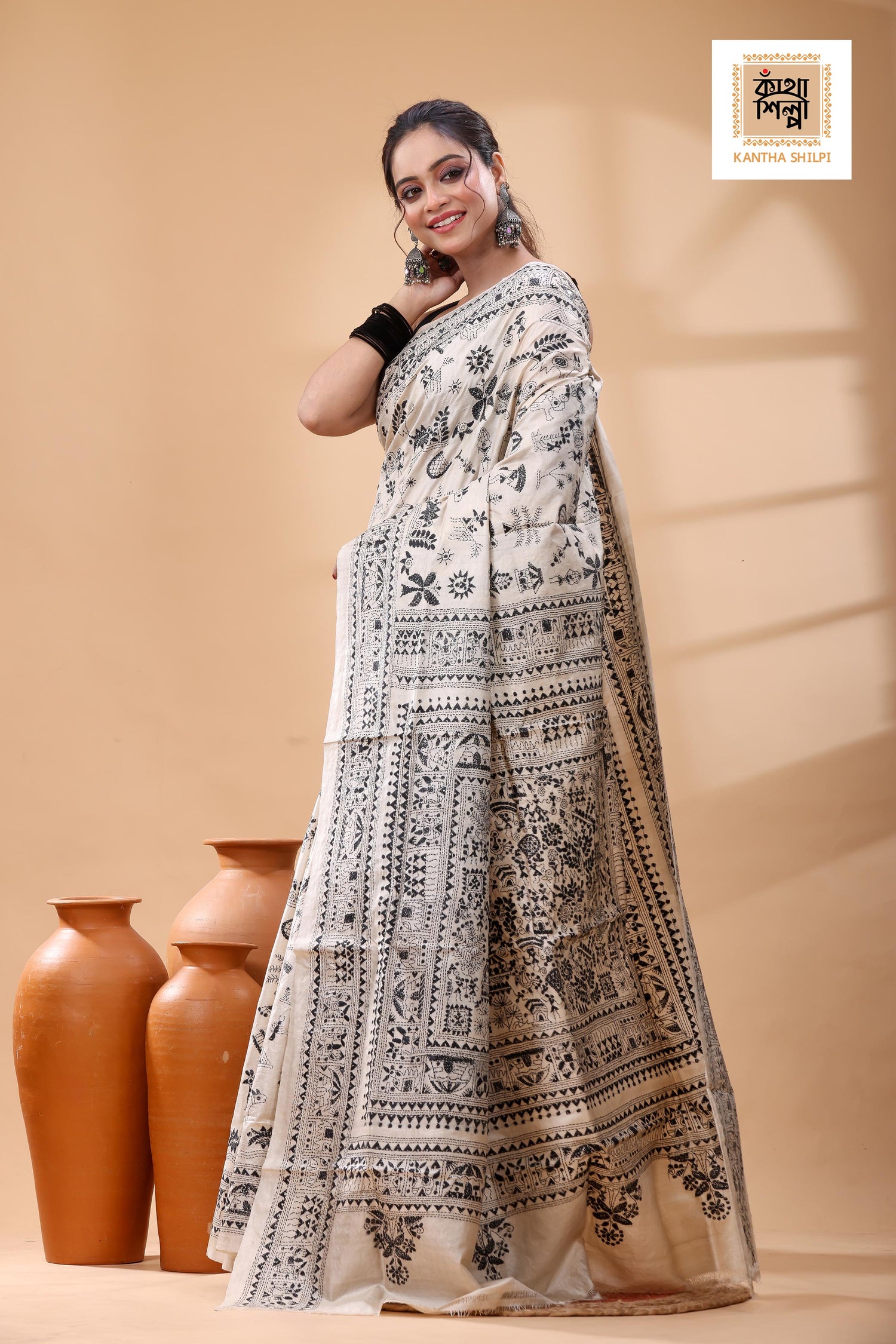 Pure Gachi Tussar Black  Color Thread Work Kantha Stitch Saree