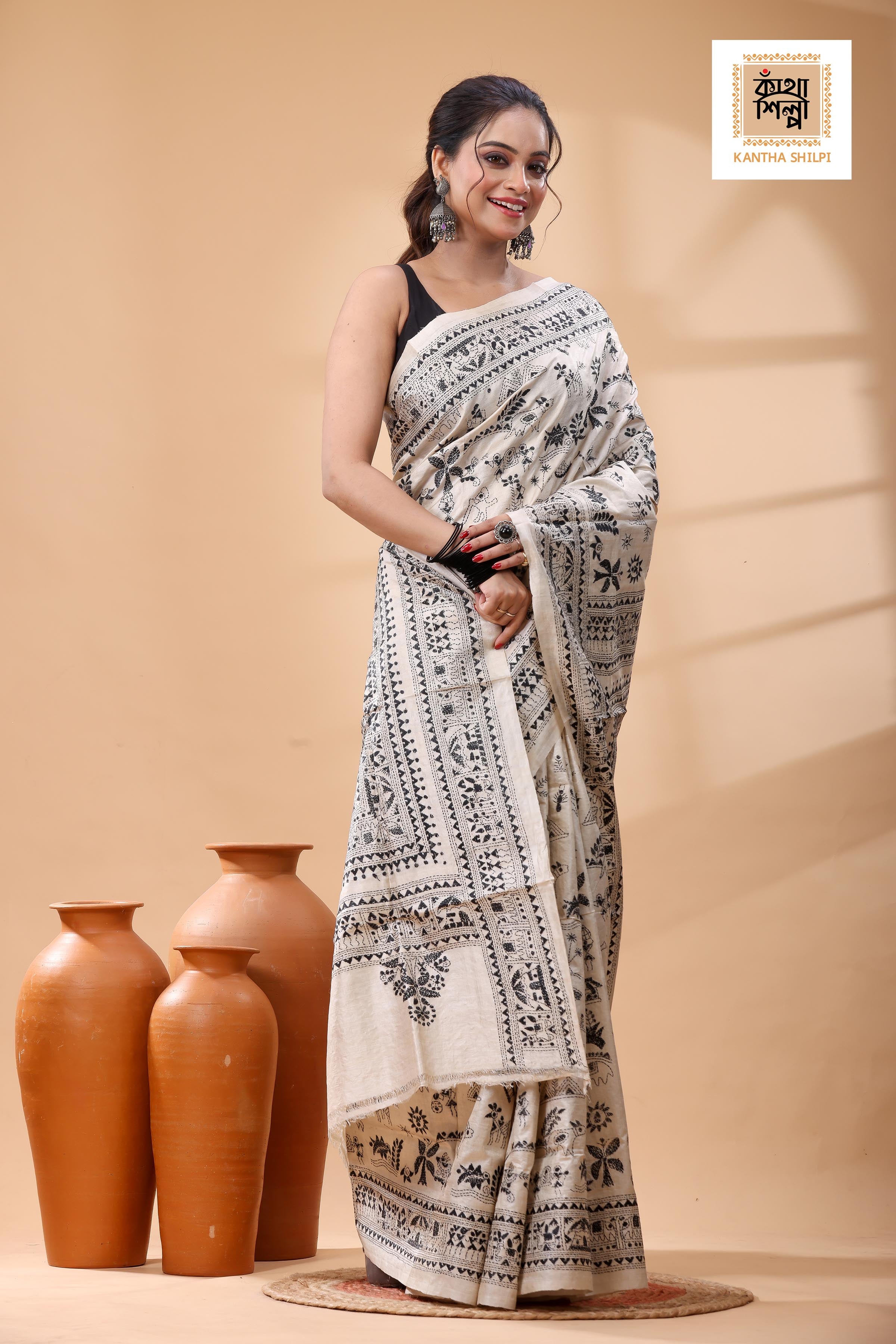 Pure Gachi Tussar Black  Color Thread Work Kantha Stitch Saree