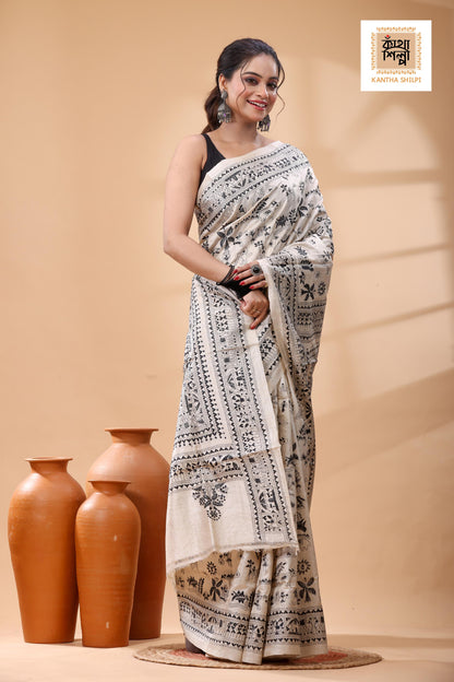 Pure Gachi Tussar Black  Color Thread Work Kantha Stitch Saree