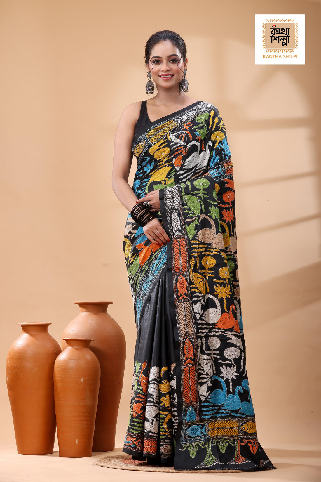 Black Pure Bangalore Silk Multicolor Thread Work Kantha Stitch Saree