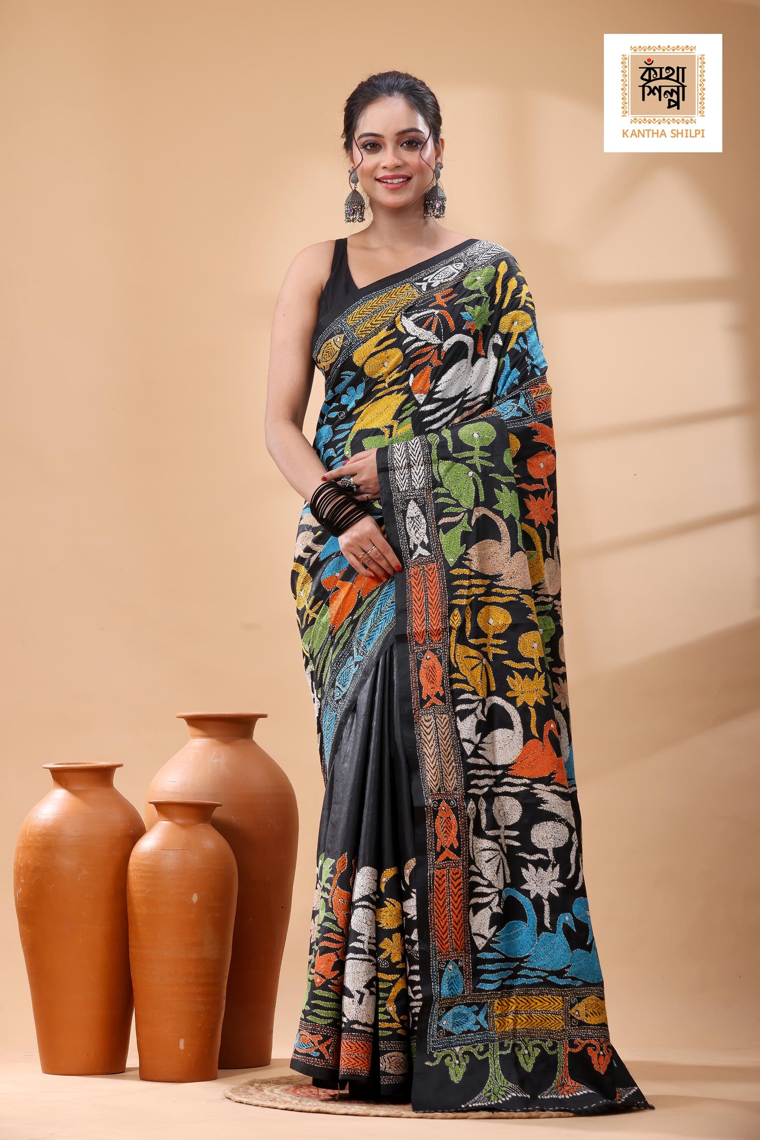 Black Pure Bangalore Silk Multicolor Thread Work Kantha Stitch Saree
