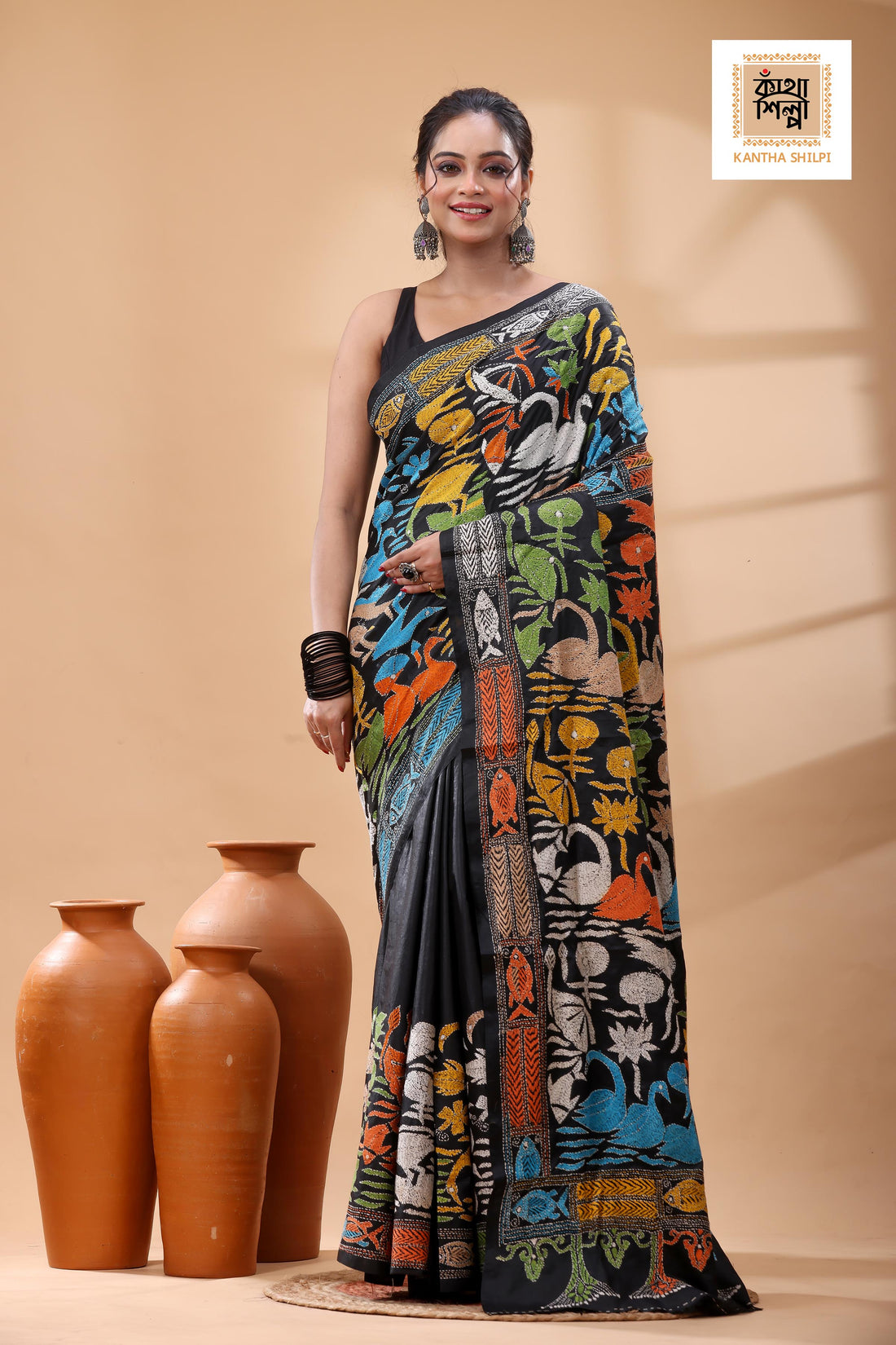 Black Pure Bangalore Silk Multicolor Thread Work Kantha Stitch Saree