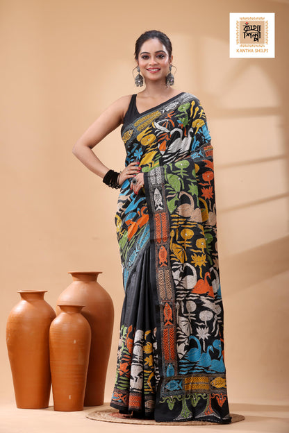 Black Pure Bangalore Silk Multicolor Thread Work Kantha Stitch Saree