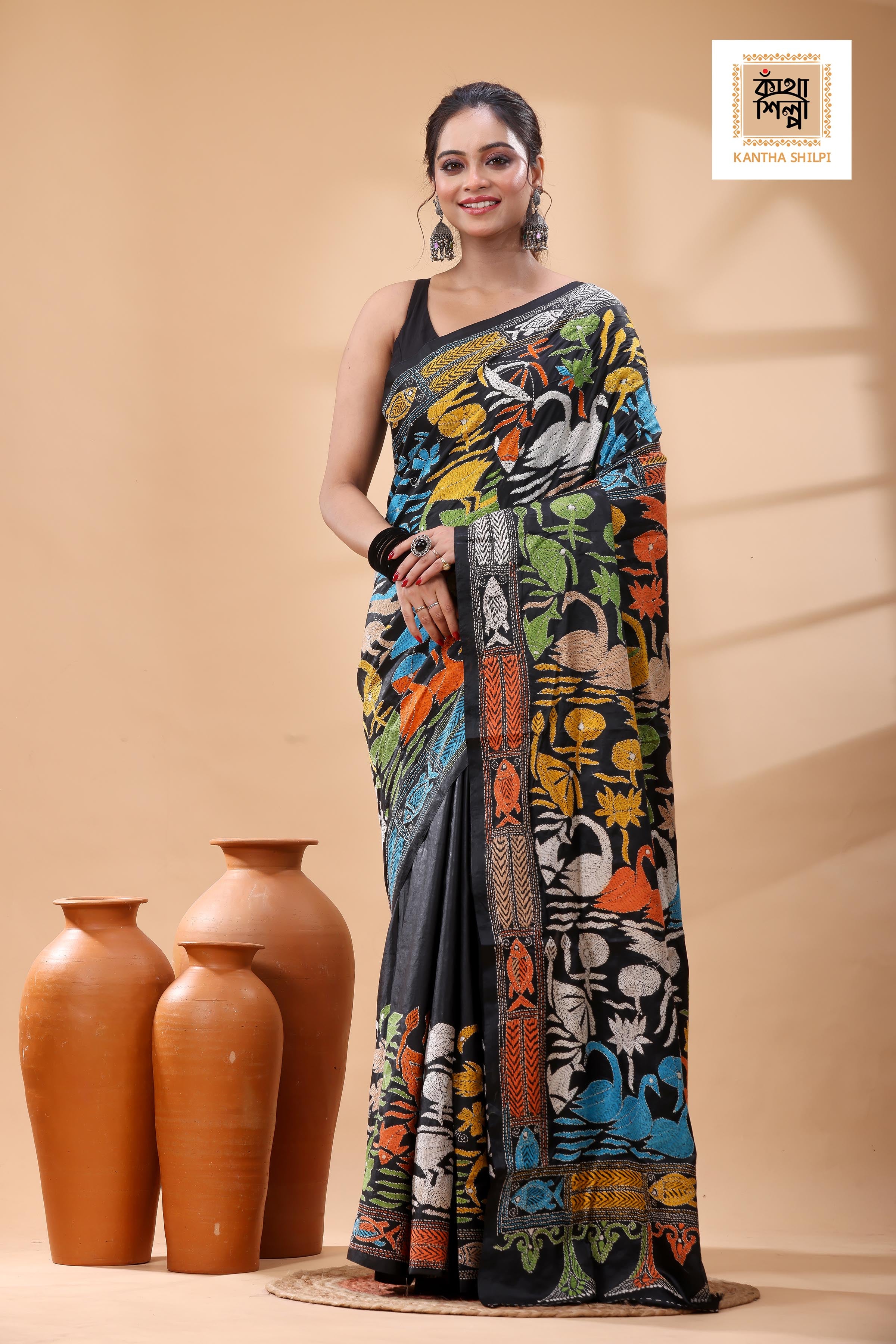 Black Pure Bangalore Silk Multicolor Thread Work Kantha Stitch Saree