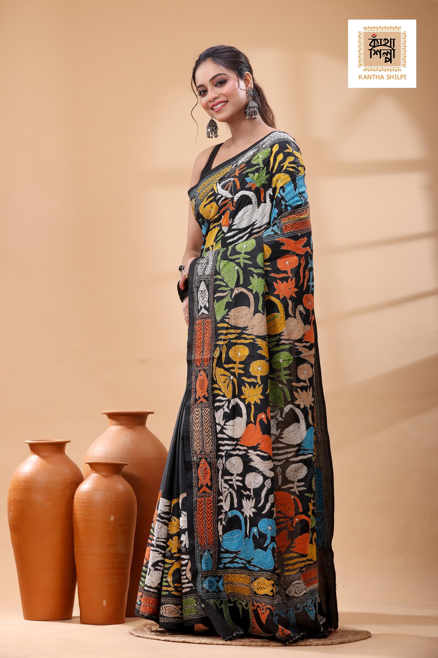 Black Pure Bangalore Silk Multicolor Thread Work Kantha Stitch Saree