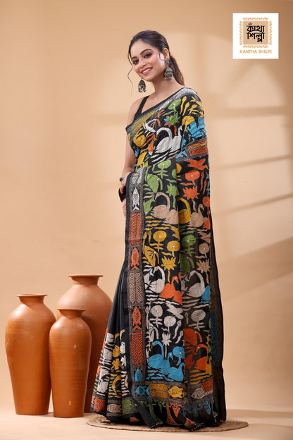 Black Pure Bangalore Silk Multicolor Thread Work Kantha Stitch Saree