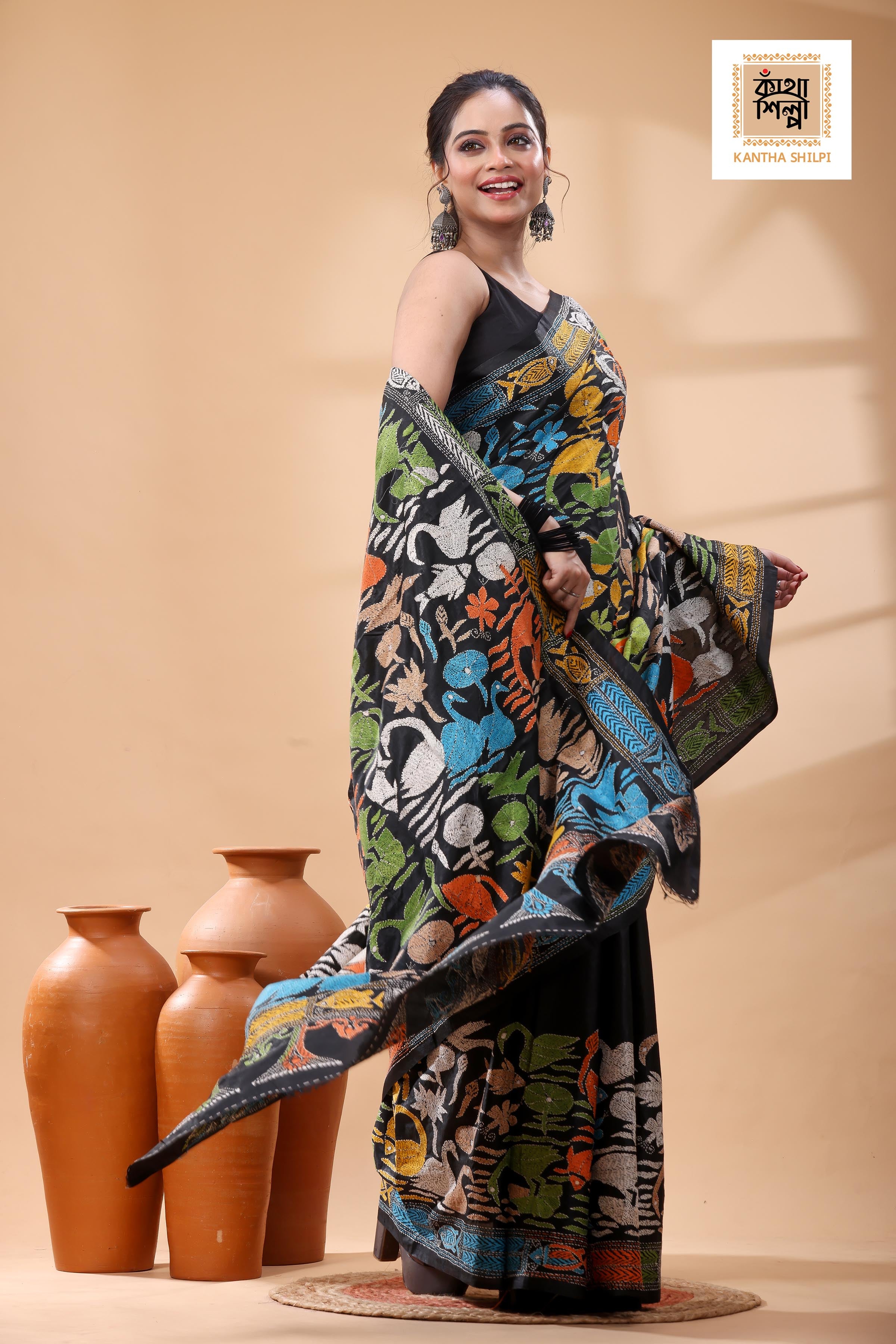 Black Pure Bangalore Silk Multicolor Thread Work Kantha Stitch Saree