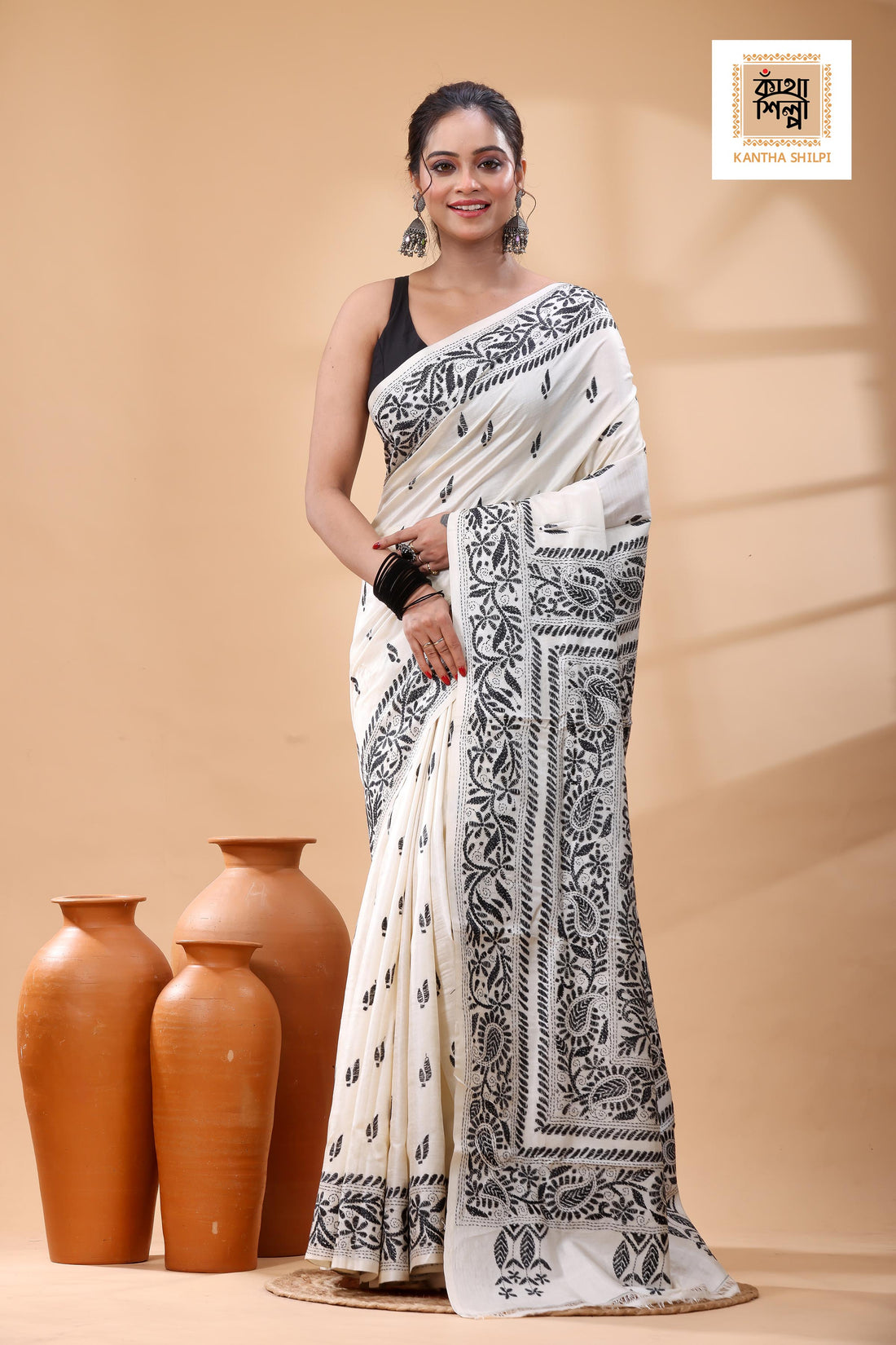 Pure Tussar Black Color Thread Work Kantha Stitch Saree