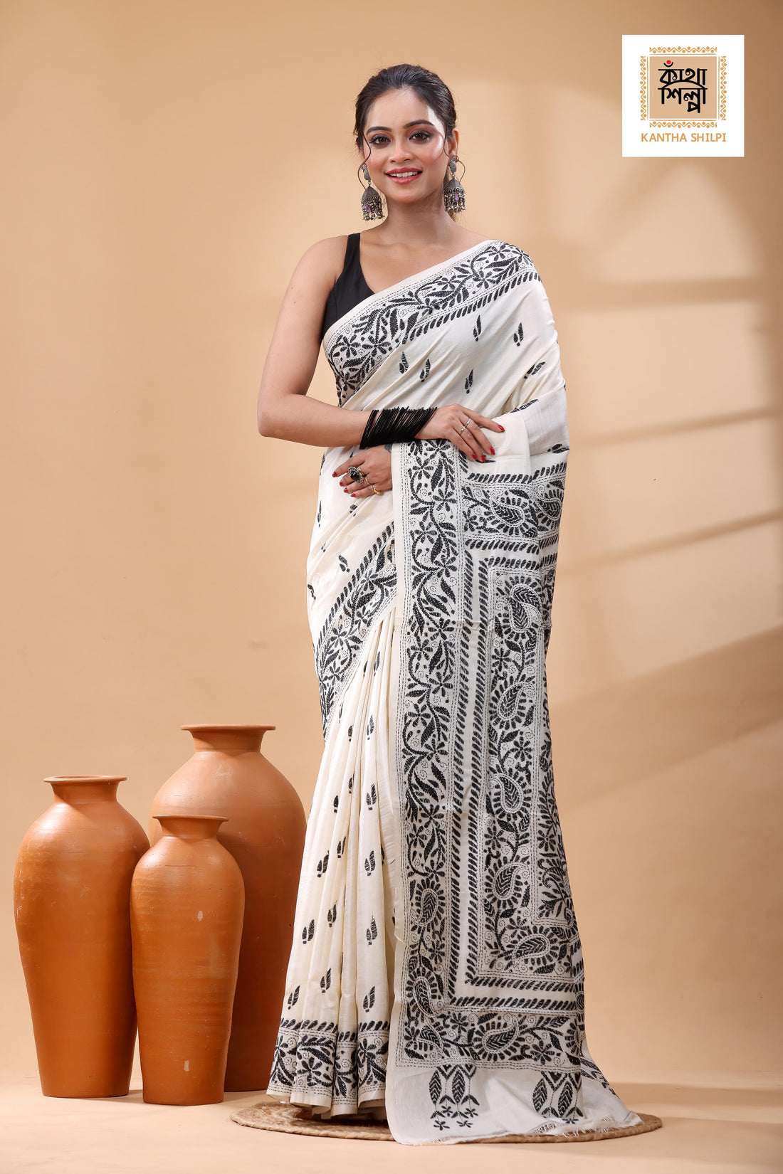 Pure Tussar Black Color Thread Work Kantha Stitch Saree