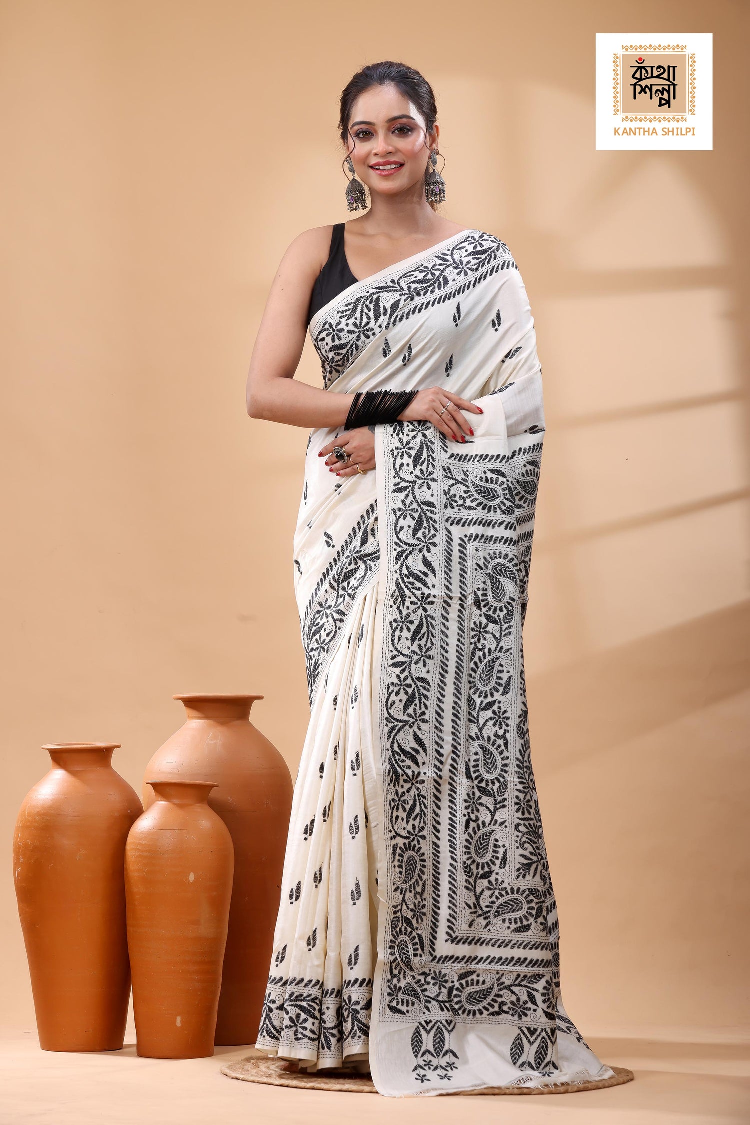 Pure Tussar Black Color Thread Work Kantha Stitch Saree