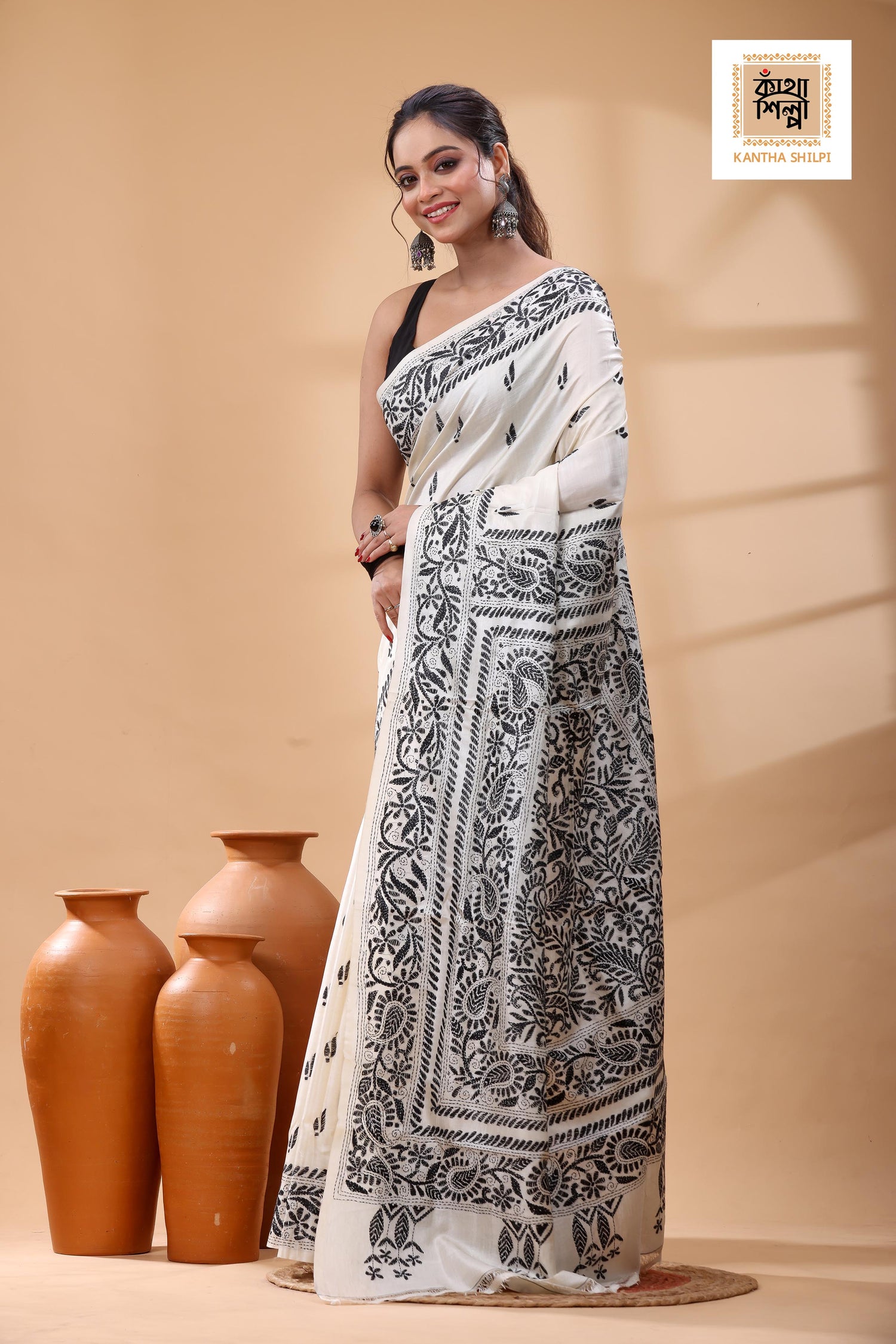 Pure Tussar Black Color Thread Work Kantha Stitch Saree