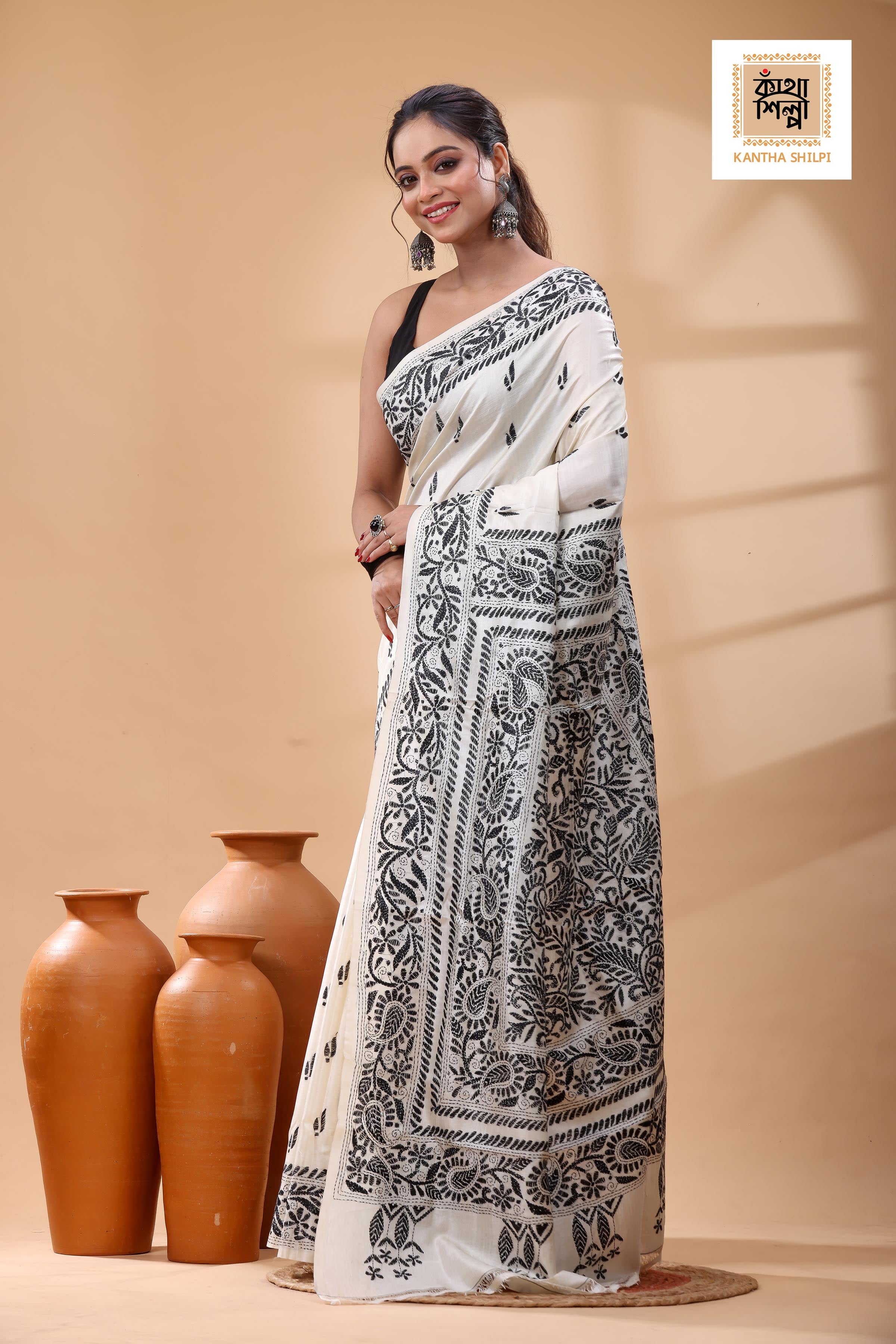 Pure Tussar Black Color Thread Work Kantha Stitch Saree