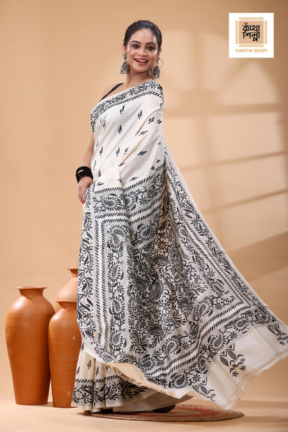 Pure Tussar Black Color Thread Work Kantha Stitch Saree