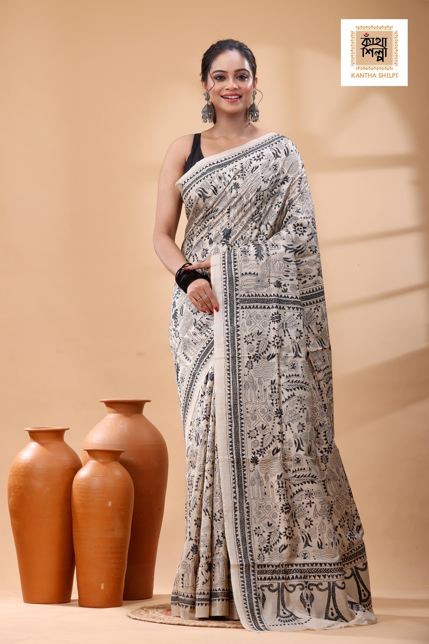 Pure Gachi Tussar Black Color Thread Work Kantha Stitch Saree