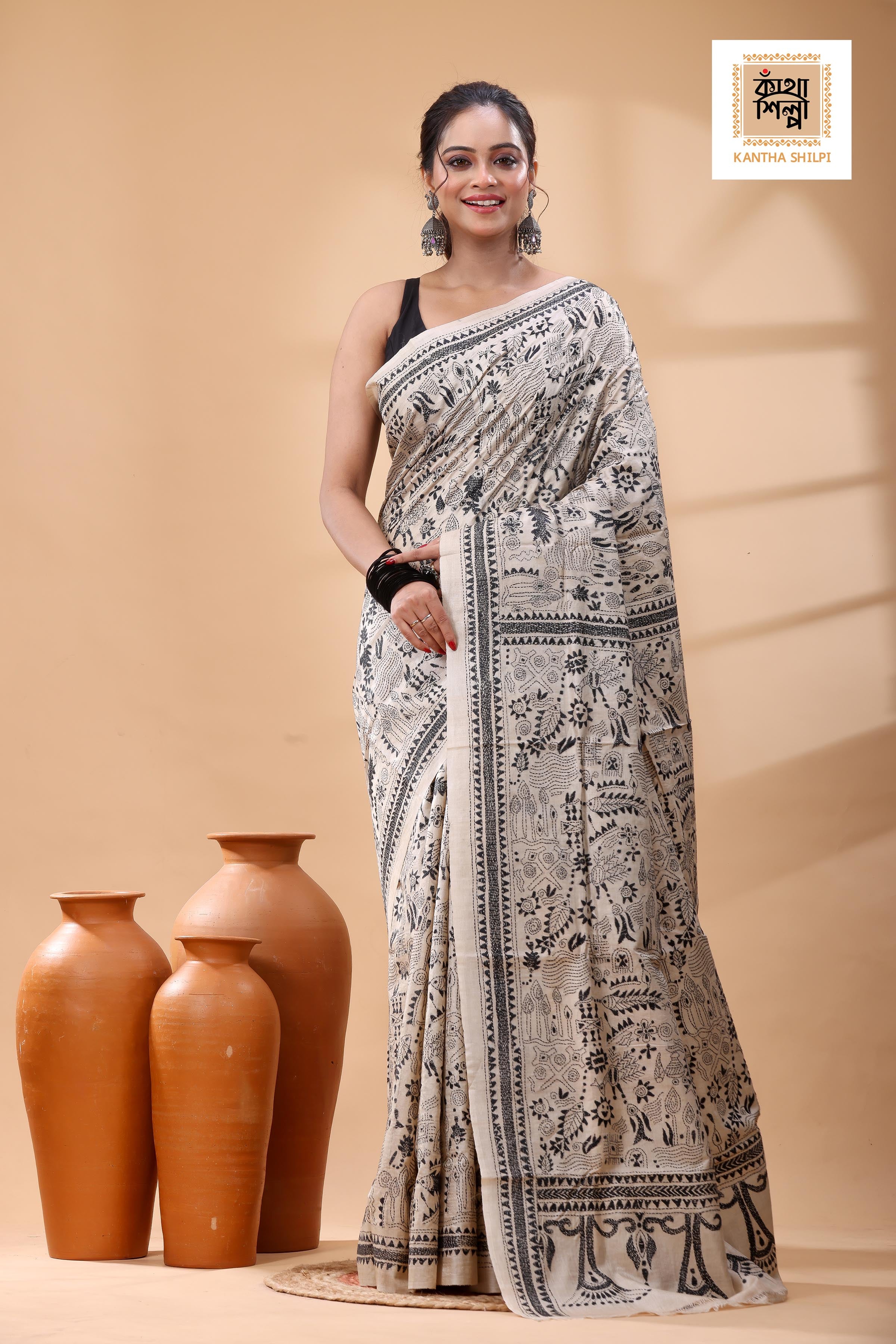 Pure Gachi Tussar Black Color Thread Work Kantha Stitch Saree