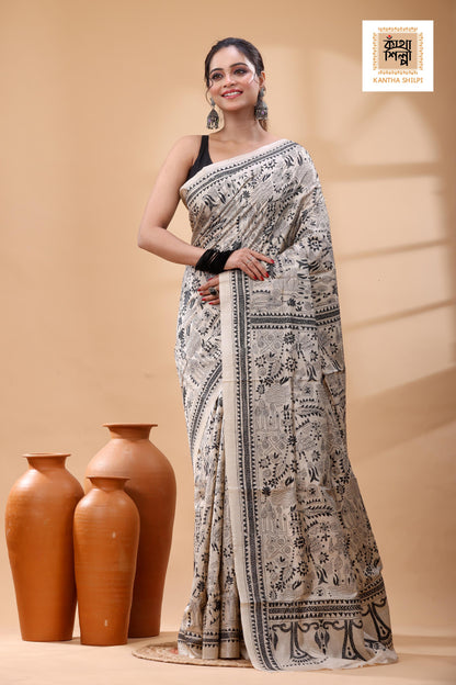 Pure Gachi Tussar Black Color Thread Work Kantha Stitch Saree