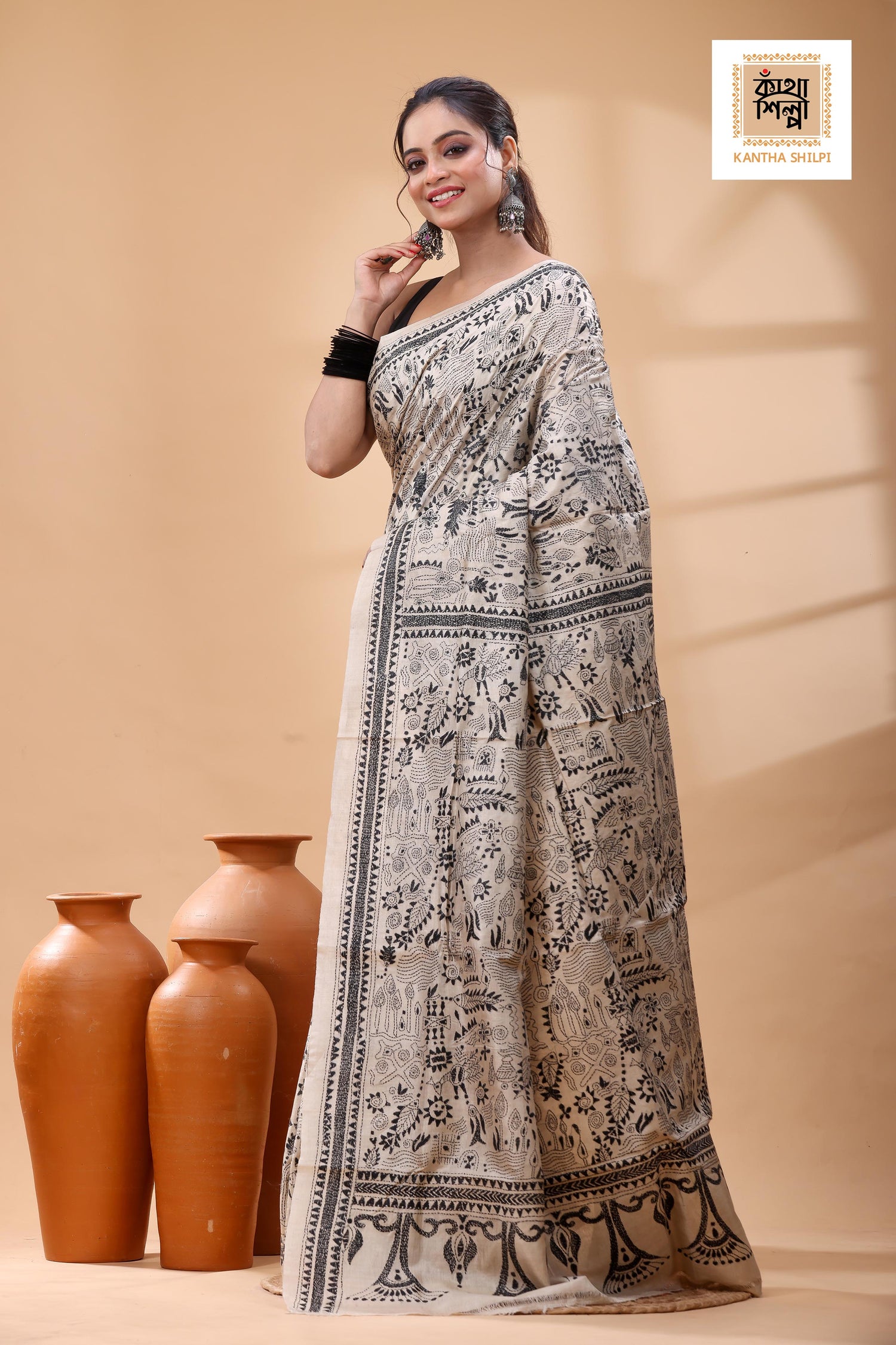 Pure Gachi Tussar Black Color Thread Work Kantha Stitch Saree