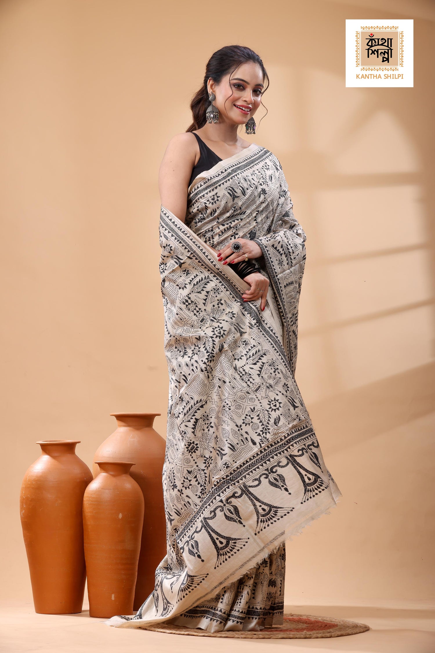 Pure Gachi Tussar Black Color Thread Work Kantha Stitch Saree