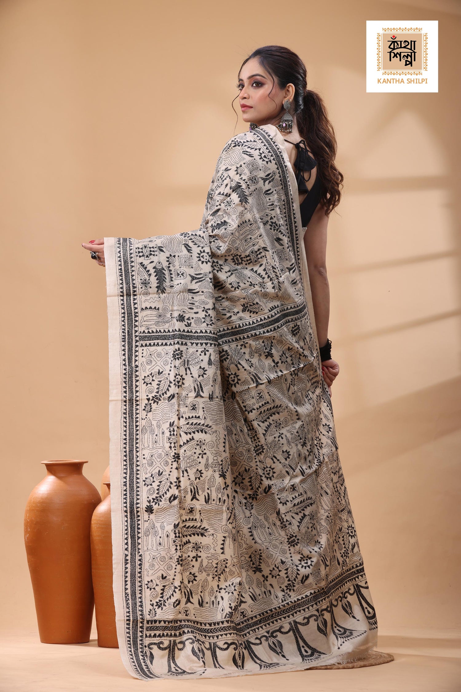 Pure Gachi Tussar Black Color Thread Work Kantha Stitch Saree