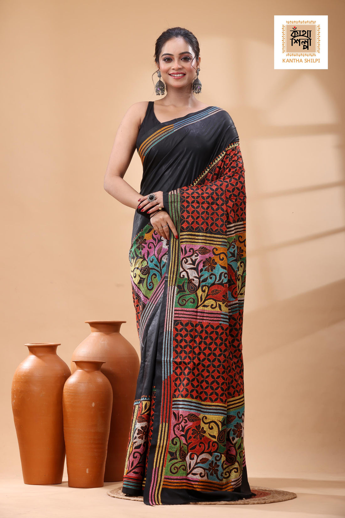 Black Pure Bangalore Silk Multicolor Thread Work Kantha Stitch Saree