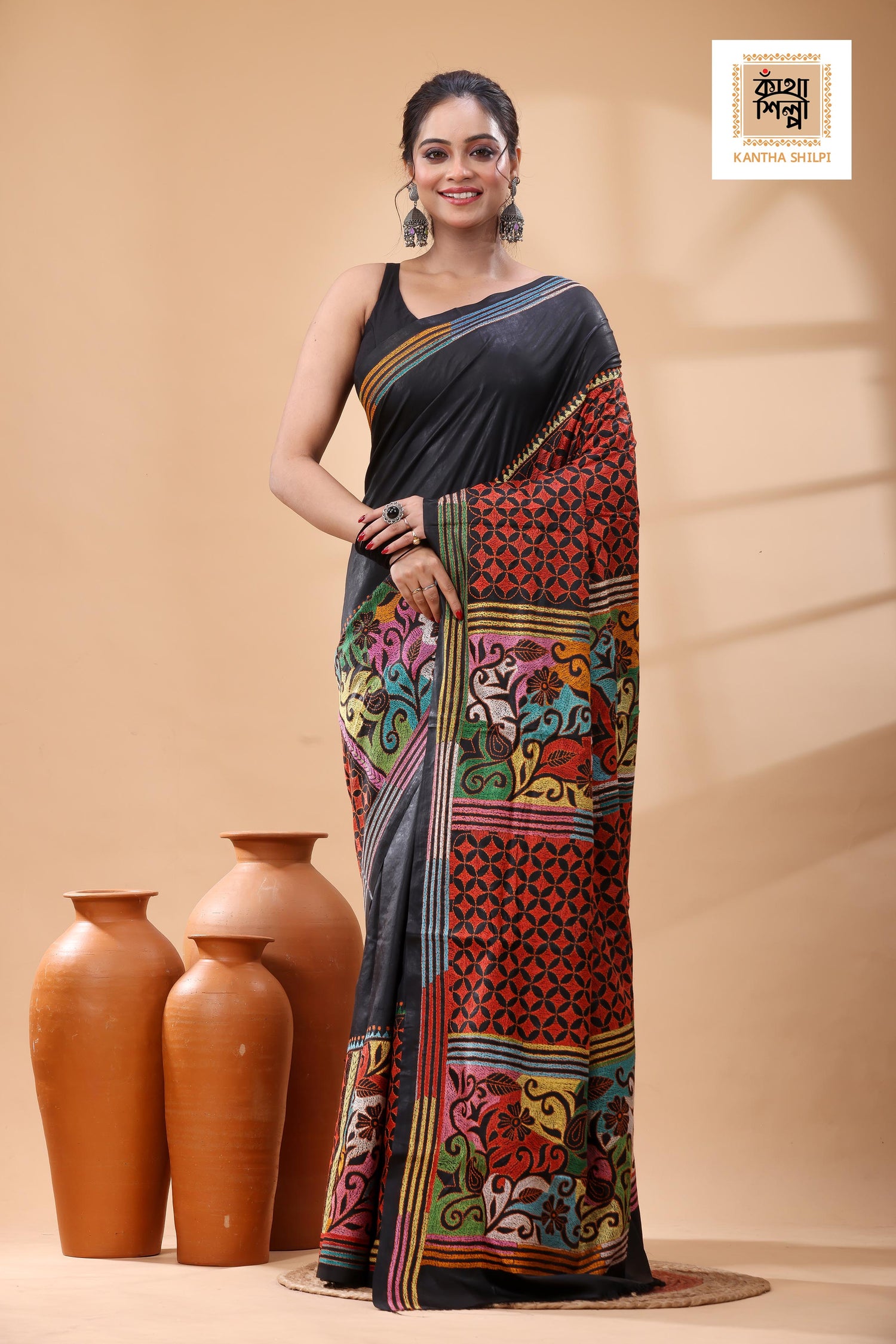 Black Pure Bangalore Silk Multicolor Thread Work Kantha Stitch Saree