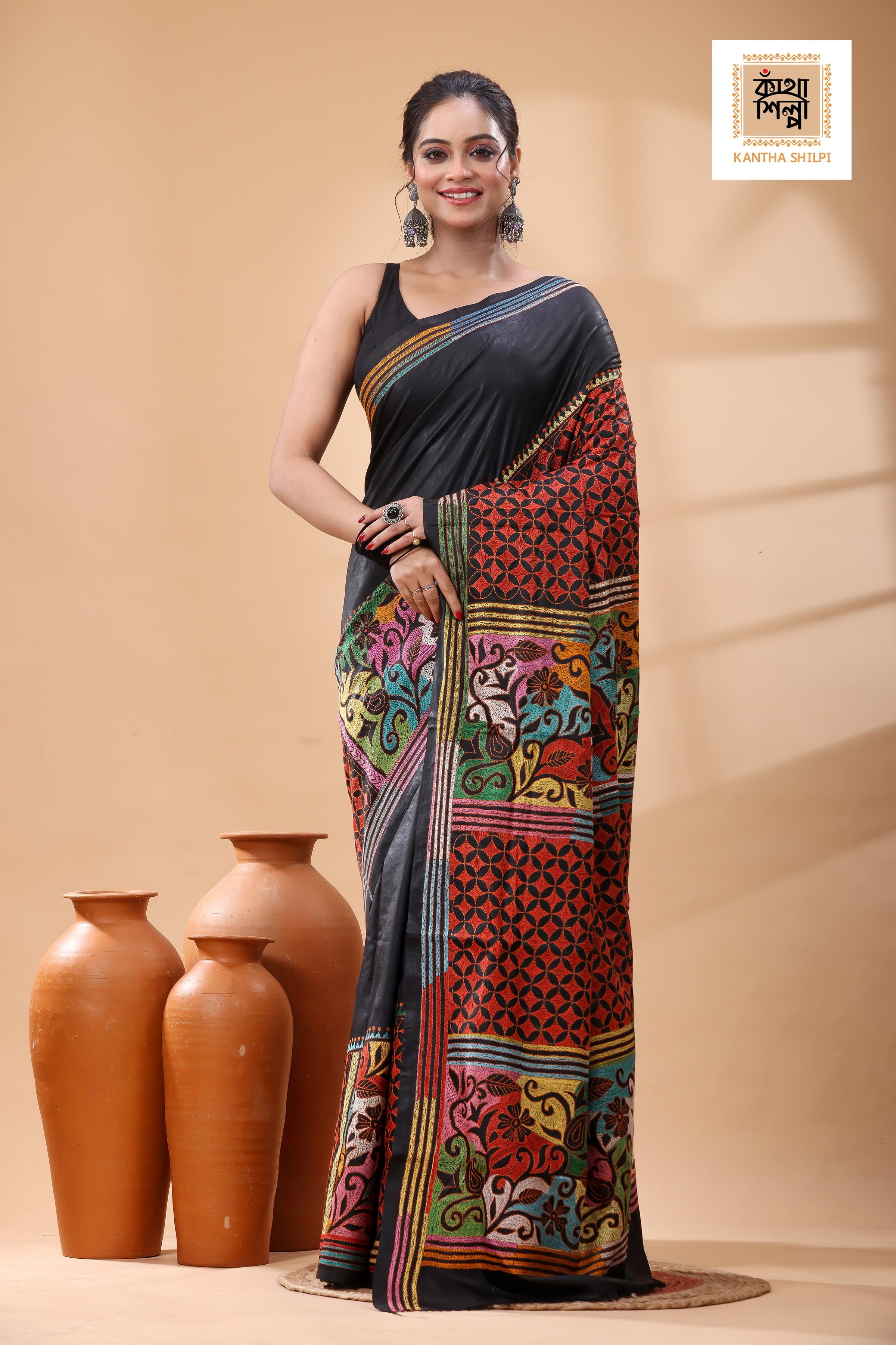 Black Pure Bangalore Silk Multicolor Thread Work Kantha Stitch Saree